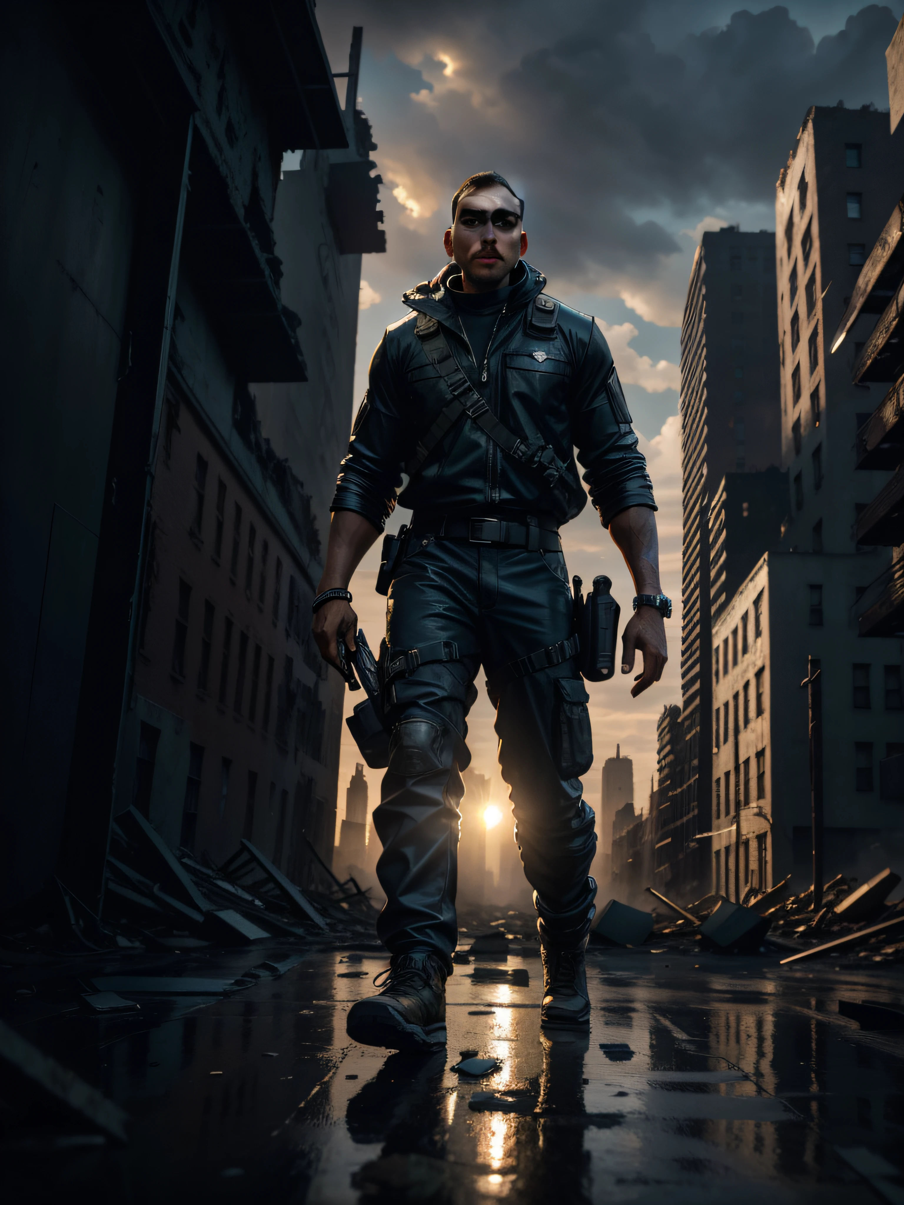FULL SHOT, FRONT VIEW FACING THE CAMERA ACTOR WILL SMITH WALKS ALONE THROUGH THE RUINS OF NEW YORK, DRAMATIC LIGHT, POST-APOCALYPSE ATMOSPHERE, SUPER HIGH RESOLUTION, SUPER FINE FOCUS, BEST QUALITY, 32K, HDR, STYLE STEVE MCCURRY, HYPER PHOTOREALISM