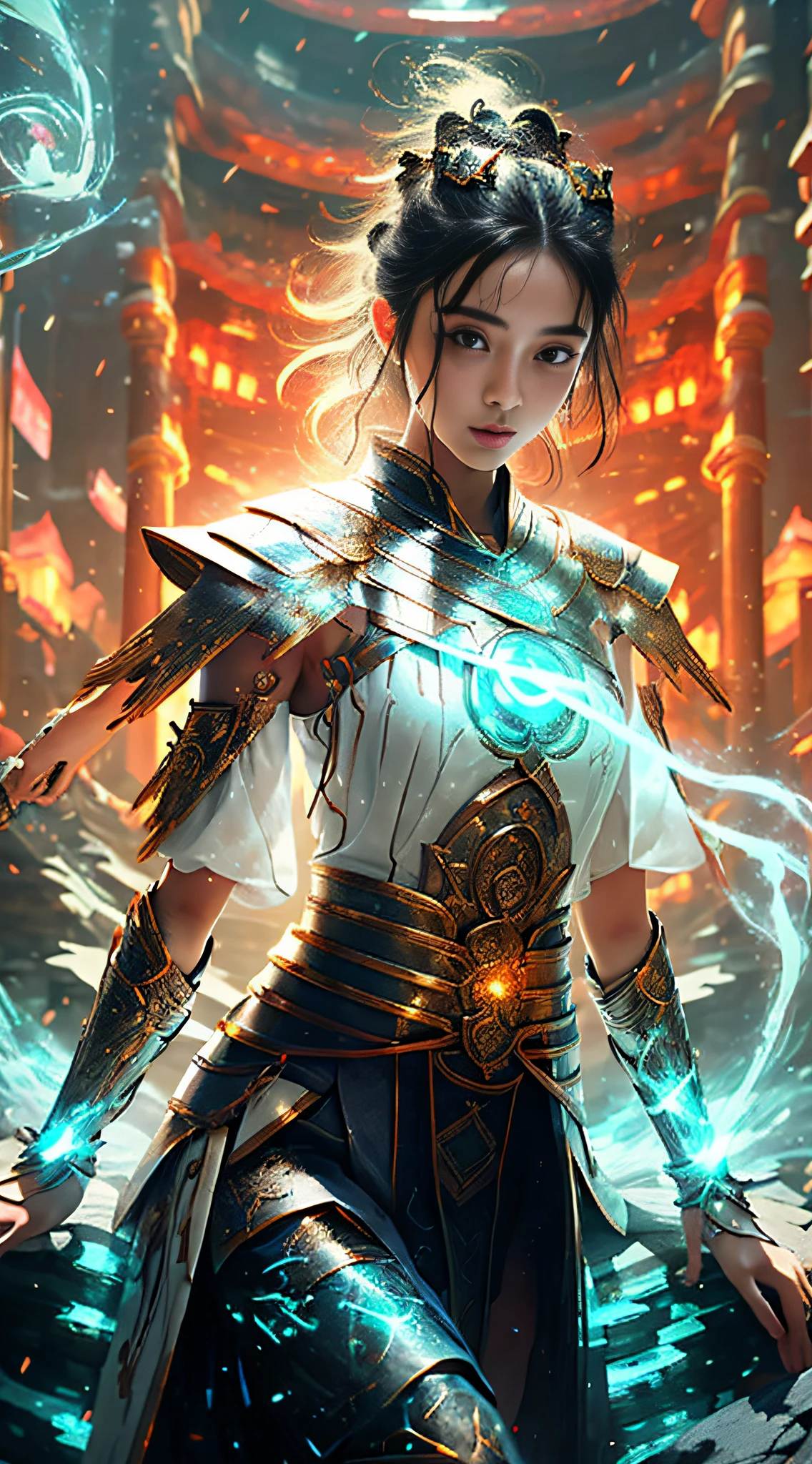 8k, complex, elegant, highly detailed, majestic, digital photography, denim lens, surrealist painting, broken glass, beating magic, winding lightning magic, (masterpiece, side light, fine beautiful eyes: 1.2), HDR, Void 5 energy lightning storm, (Chinese girl, black eyes: 1.5), pale skin, glowing skin, ( Sitting on a stone: 1.5), delicate face, black hair, wearing palatial blue armor, bare shoulders, navel, short skirt, fine blue armor, raining, beautiful, looking at the audience, facing the camera, masterpiece, upper body,