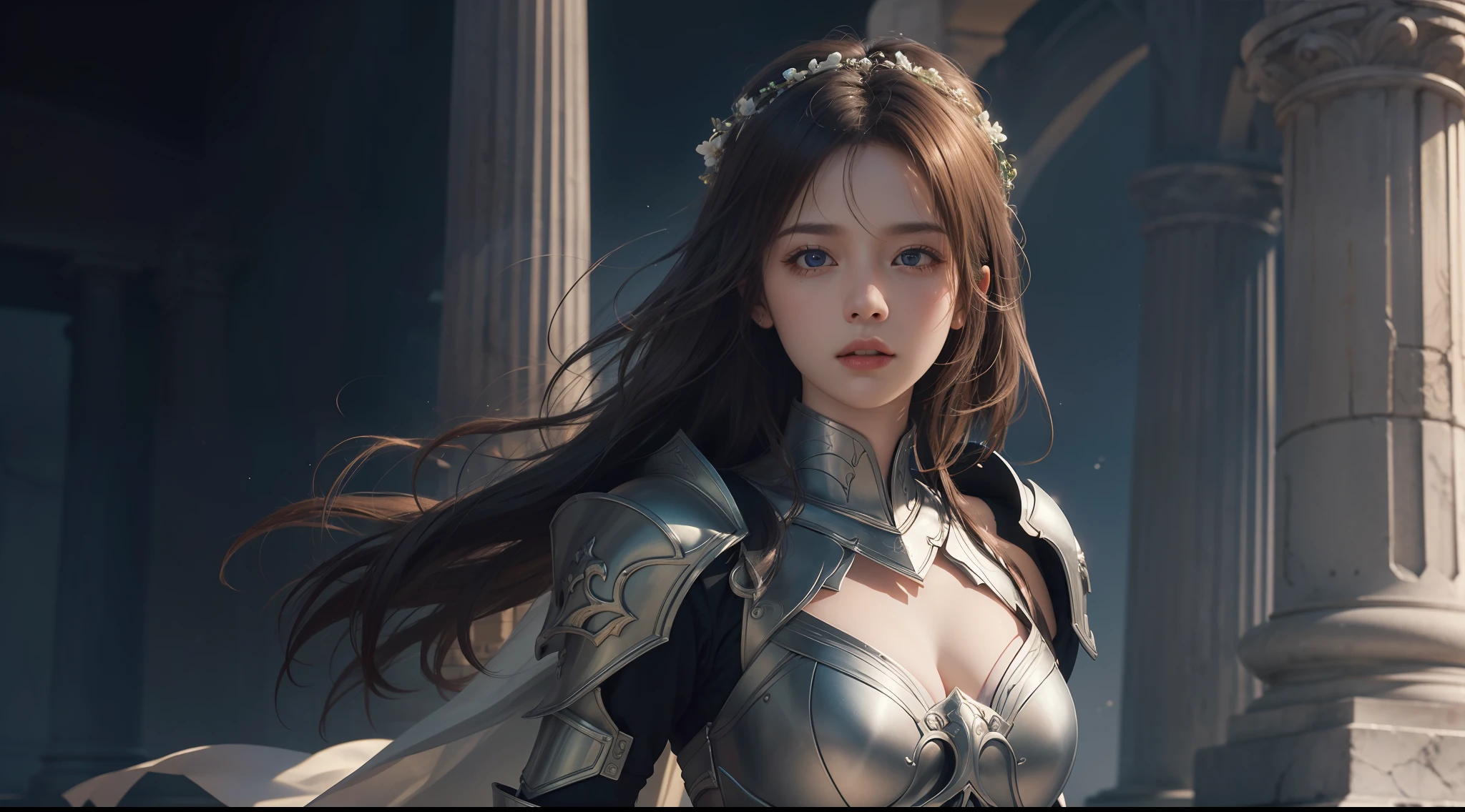 (Extremely detailed Cg Unity 8K wallpaper,Masterpiece, Best quality, Ultra-detailed, Beautiful detailed eyes:1.2),Best illumination, (Best shadow, An extremely delicate and beautiful, full bloom),
1girll,Solo,Large breasts，Heavy armor，complex patterns，Long hair,Film filter, Greek temple，dramatics，dynamicposes，illusory engine， (High detail: 1.9)，Starcloud，the night，torchan，half-body shots
