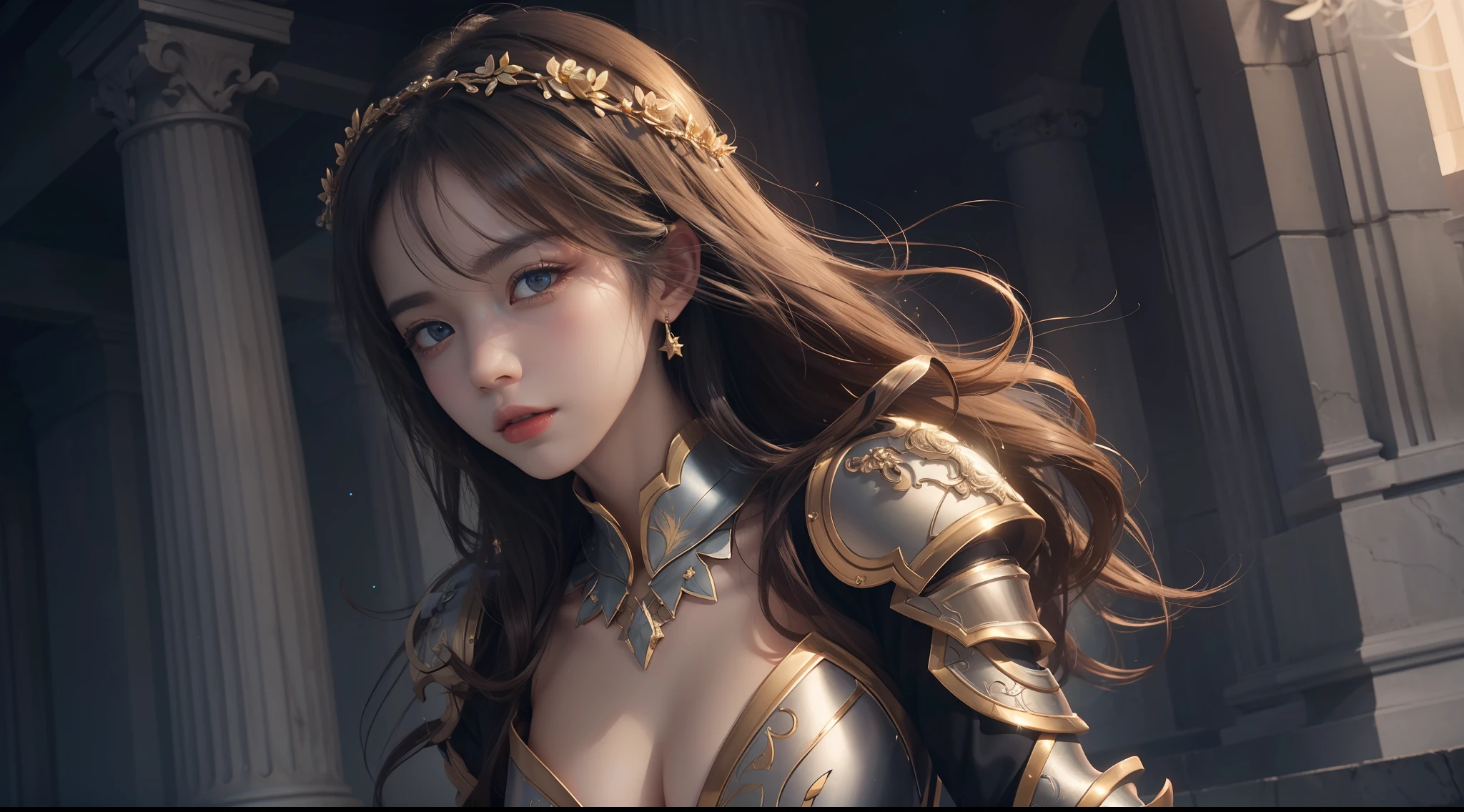 (Extremely detailed Cg Unity 8K wallpaper,Masterpiece, Best quality, Ultra-detailed, Beautiful detailed eyes:1.2),Best illumination, (Best shadow, An extremely delicate and beautiful, full bloom),
1girll,Solo,Large breasts,Heavy armor,complex patterns,Long hair,Film filter, Greek temple,dramatics,dynamicposes,illusory engine, (High detail: 1.9),Starcloud,the night,torchan,half-body shots