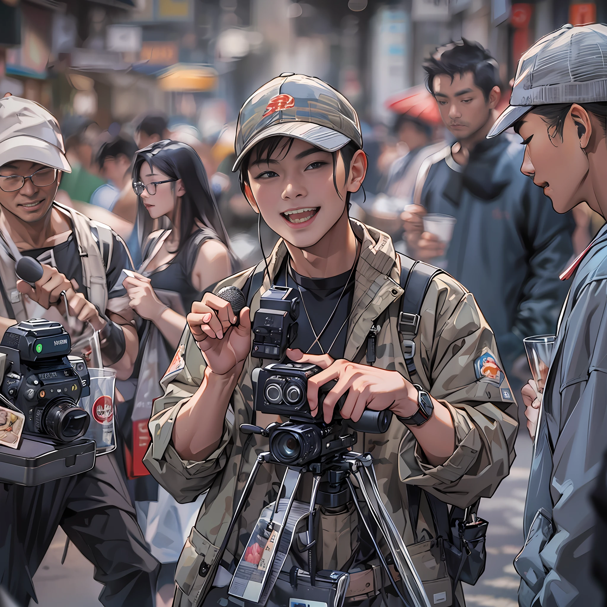 A sunny morning, the Challenge Kunxian production team is busy setting up filming equipment on the food street. The camera focuses on special guest Yang Feiyue, whose stylish outfit and confident smile are impressive. Yang Feiyue holds a microphone and, accompanied by the production crew, swiftly moves through the street in search of the most delicious food. ,in the style of the stars art group xing xing, 32k, best quality, masterpiece, super detail, high details,