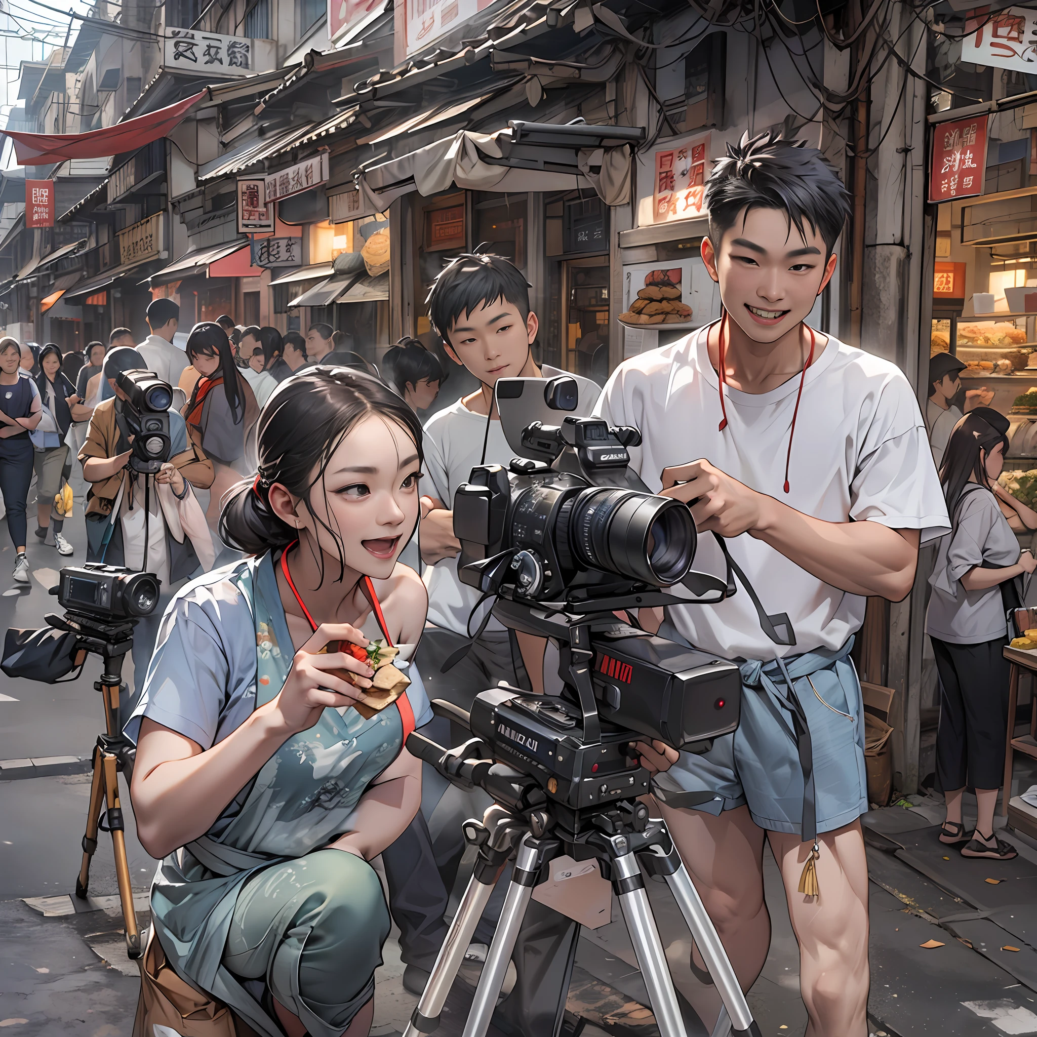 A sunny morning, the Challenge Kunxian production team is busy setting up filming equipment on the food street. The camera focuses on special guest Yang Feiyue, whose stylish outfit and confident smile are impressive. Yang Feiyue holds a microphone and, accompanied by the production crew, swiftly moves through the street in search of the most delicious food. ,in the style of the stars art group xing xing, 32k, best quality, masterpiece, super detail, high details,
