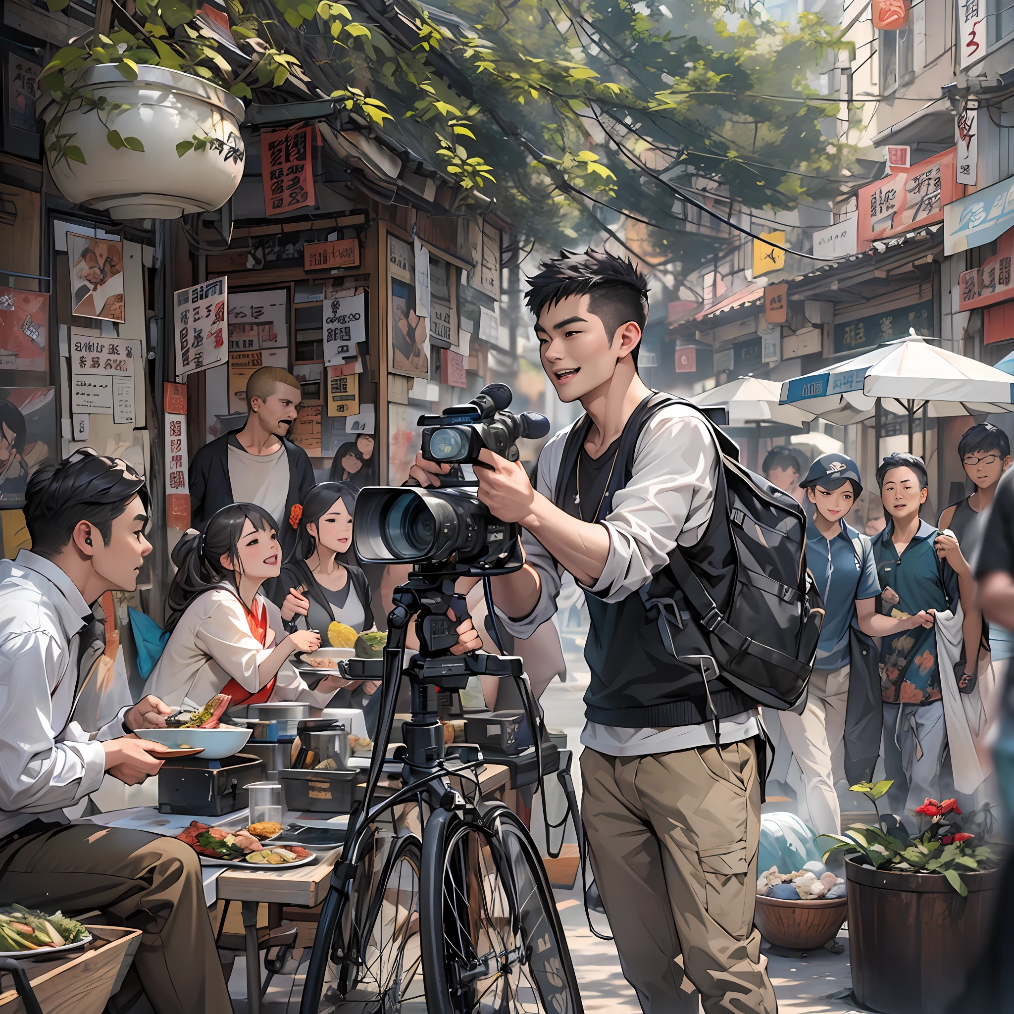 A sunny morning, the Challenge Kunxian production team is busy setting up filming equipment on the food street. The camera focuses on special guest Yang Feiyue, whose stylish outfit and confident smile are impressive. Yang Feiyue holds a microphone and, accompanied by the production crew, swiftly moves through the street in search of the most delicious food. ,in the style of the stars art group xing xing, 32k, best quality, masterpiece, super detail, high details,