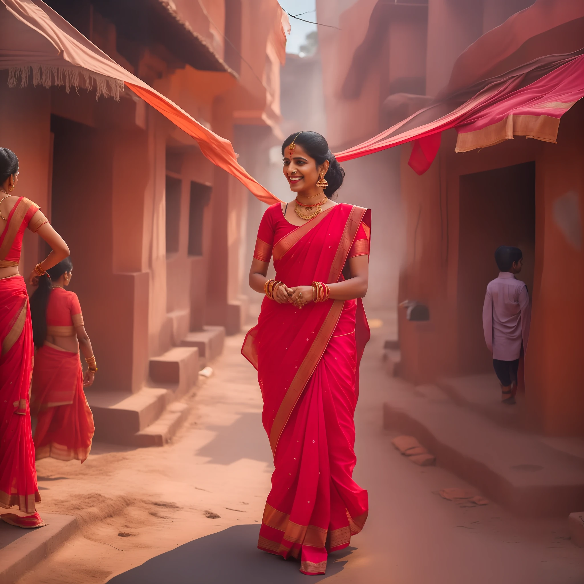 A woman is walking in the streets of India and she is wearing a red saree and she is also wearing bangles and she is also wearing Mangal Sutra and also has a smile on his face , ultra realistic face, and smooth,