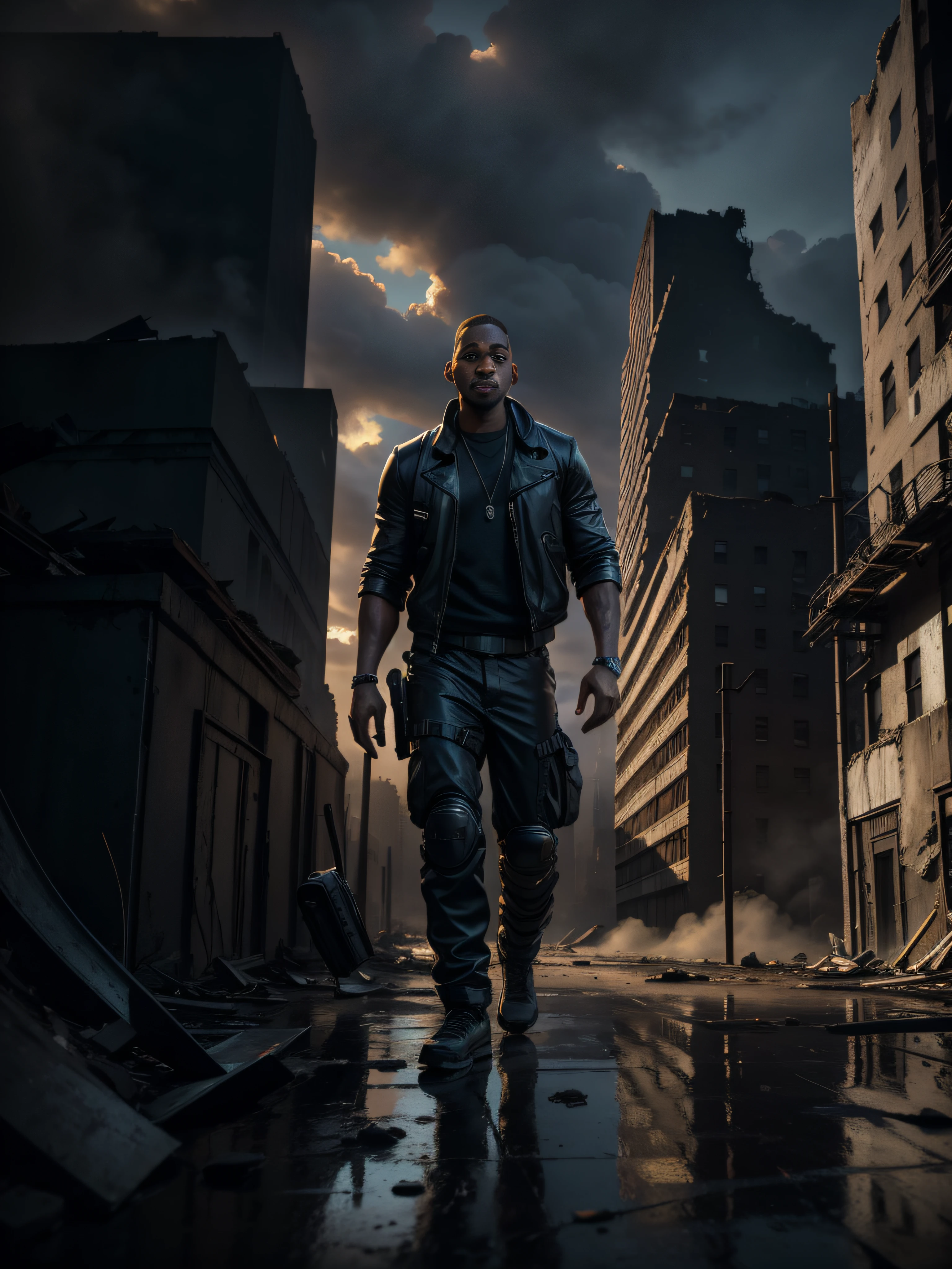 FULL SHOT, FRONT VIEW FACING THE CAMERA ACTOR WILL SMITH WALKS ALONE THROUGH THE RUINS OF NEW YORK, DRAMATIC LIGHT, POST-APOCALYPSE ATMOSPHERE, SUPER HIGH RESOLUTION, SUPER FINE FOCUS, BEST QUALITY, 32K, HDR, STYLE STEVE MCCURRY, HYPER PHOTOREALISM