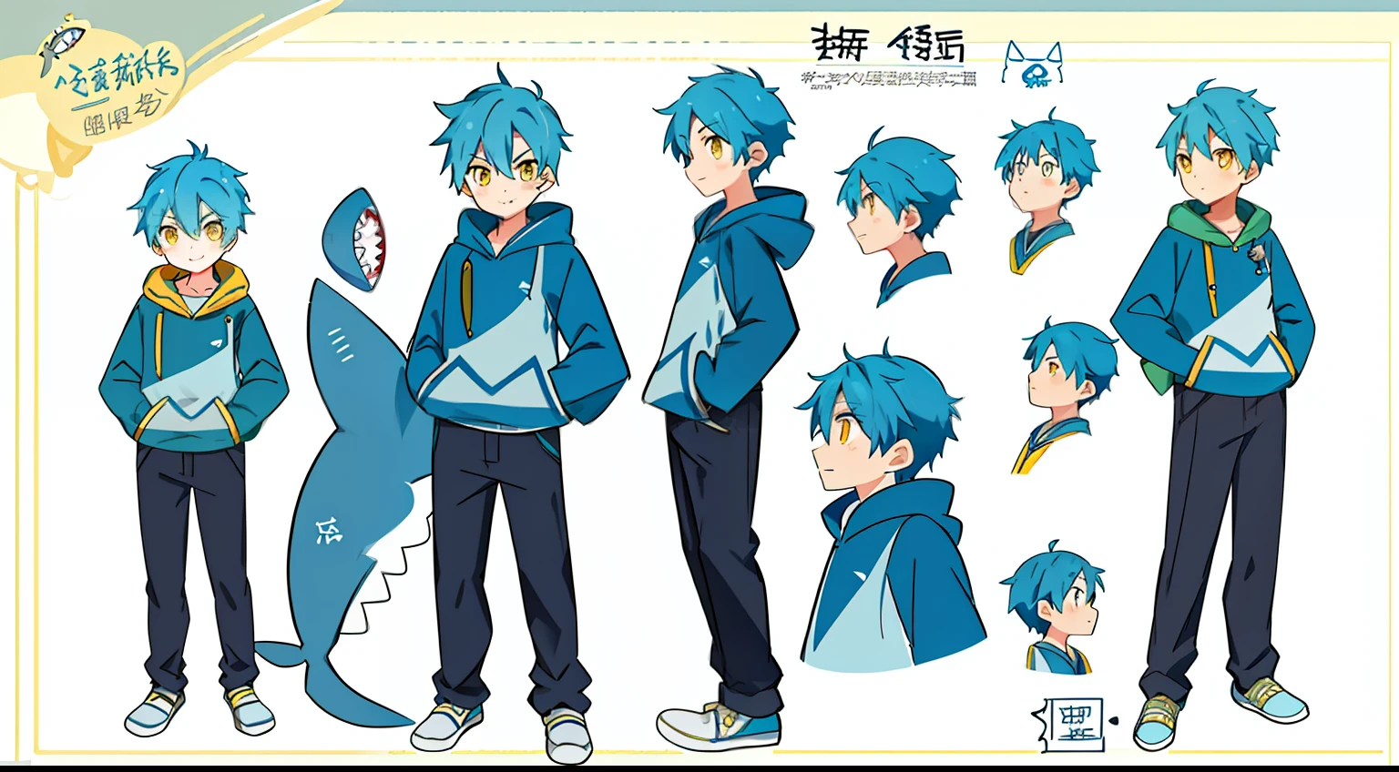 A reference table for a cold boy,blue short hair,Yellow eyes,ssmile,Hoodies,long trousers,Shark pattern clothes,详细的脸,detailed hair,concept-art,concept art of character,Character sketches,reference sheet,Role table