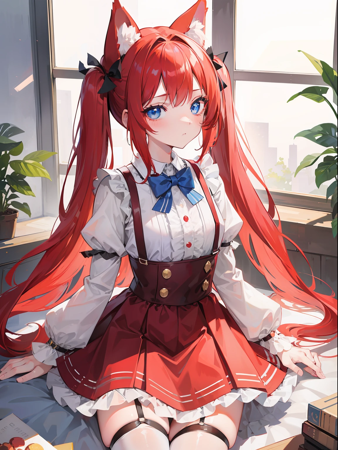 Bushy tail,Animal ears, furry ears,furry,{{best quality}}, {{masterpiece}}, {{ultra-detailed}}, {illustration}, {detailed light}, red hair,blue eyes,twintails,lolita,Suspenders skirt,Fantastic,loli,solo, girl,long hair