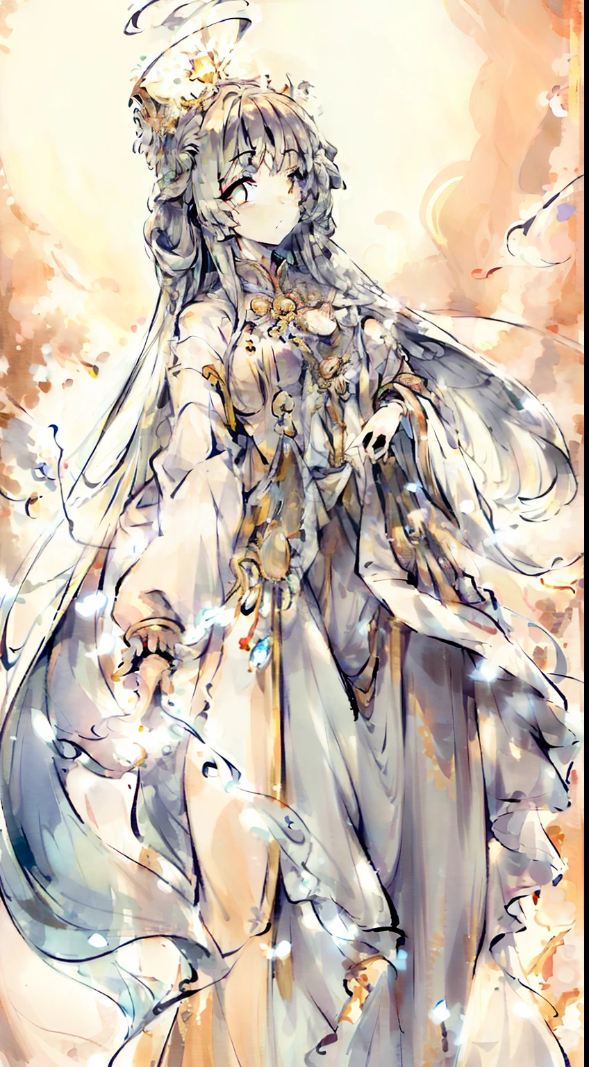 (masterpiece:1.5) highlydetailed, (goddess:1.2), (wings:0.5), heavenly, (floating:0.8), (golden halo), (long flowing hair), (ethereal:1.2), (soft colors:0.5), (heavenly light), (serene expression), (flowing gown), (peaceful atmosphere), (angelic:0.8), (glowing:0.8), (wisdom:0.7)
