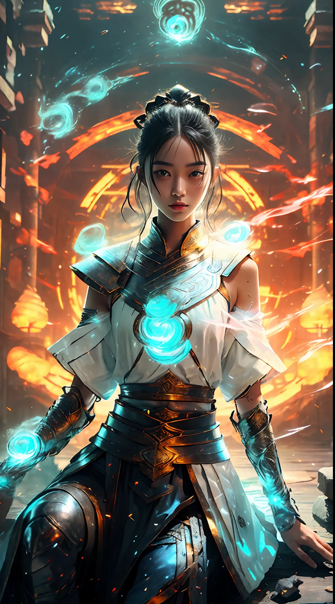 8k, complex, elegant, highly detailed, majestic, digital photography, denim lens, surrealist painting, broken glass, beating magic, winding lightning magic, (masterpiece, side light, fine beautiful eyes: 1.2), HDR, Void 5 energy lightning storm, (Chinese girl, black eyes: 1.5), pale skin, glowing skin, ( Sitting on a stone: 1.5), delicate face, black hair, wearing palatial blue armor, bare shoulders, navel, short skirt, fine blue armor, raining, beautiful, looking at the audience, facing the camera, masterpiece, upper body,