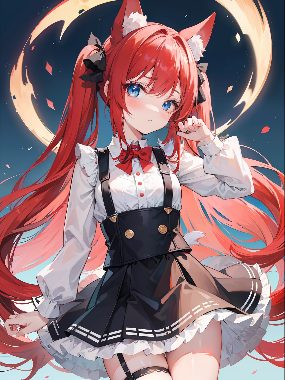 Bushy tail,Animal ears, furry ears,furry,{{best quality}}, {{masterpiece}}, {{ultra-detailed}}, {illustration}, {detailed light}, red hair,blue eyes,twintails,lolita,Suspenders skirt,Fantastic,loli,solo, girl,long hair
