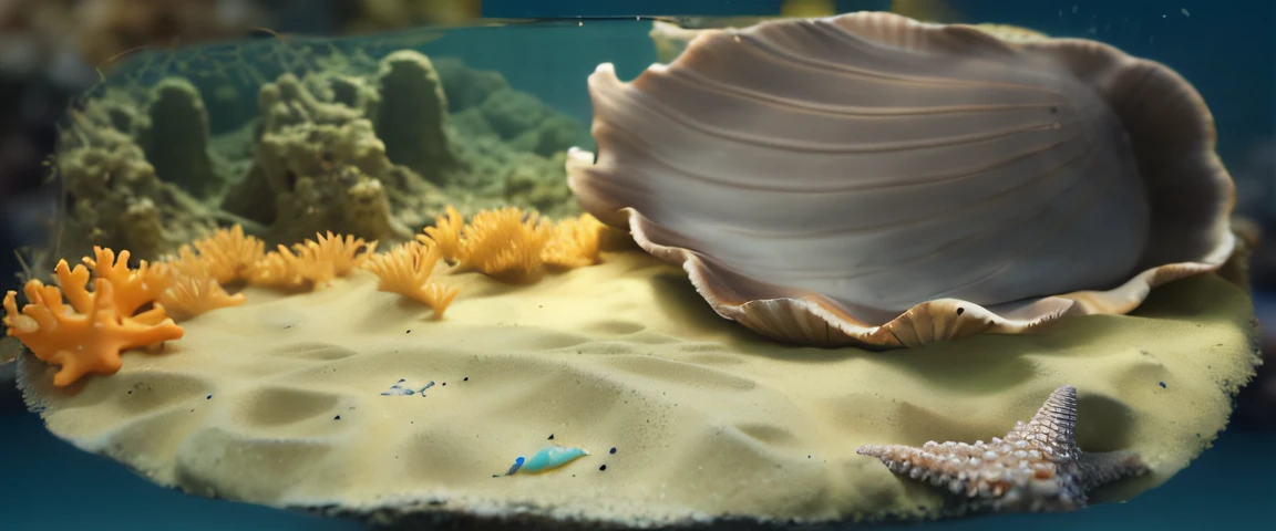 The seabed is sandy，Fine sand texture，In the distance is a reef，Yellow coral，Starfish are buried in the sand，sea shell，Seagrass floats on both sides，yellow hue，Fine picture