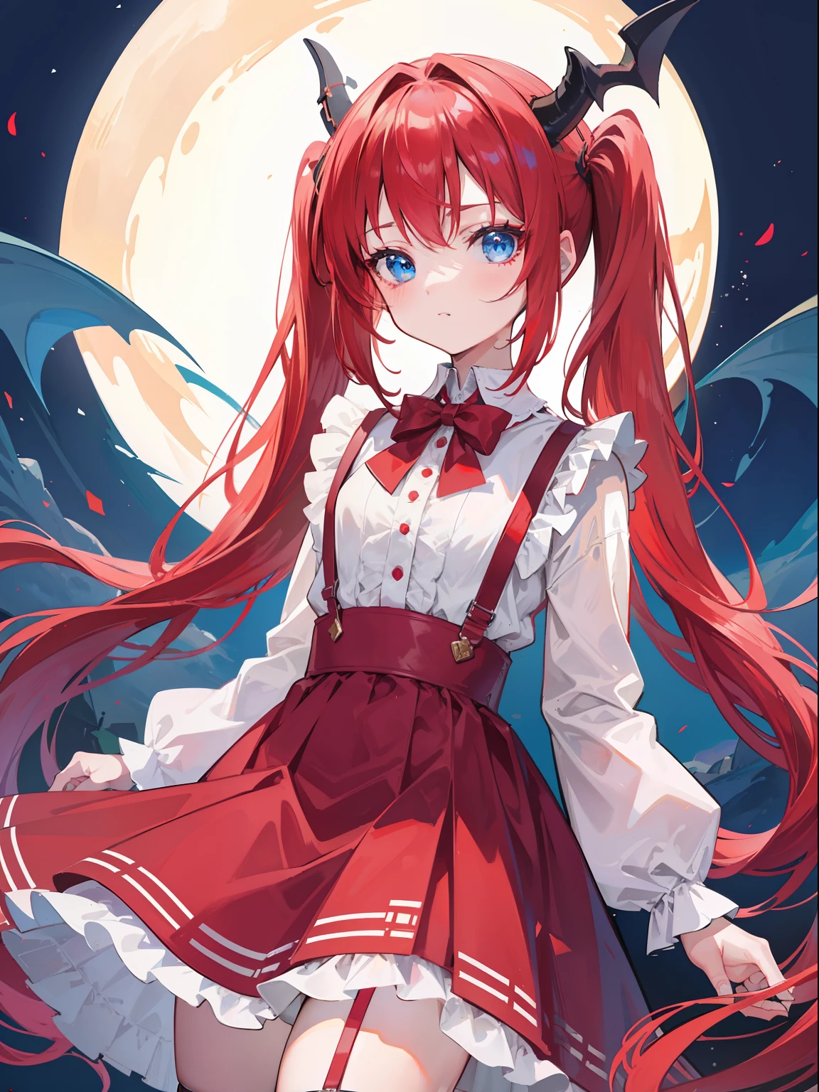 {{best quality}}, {{masterpiece}}, {{ultra-detailed}}, {illustration}, {detailed light}, red hair,blue eyes,twintails,lolita,Suspenders skirt,Fantastic,loli,solo,Dragon horns,little girl,long hair