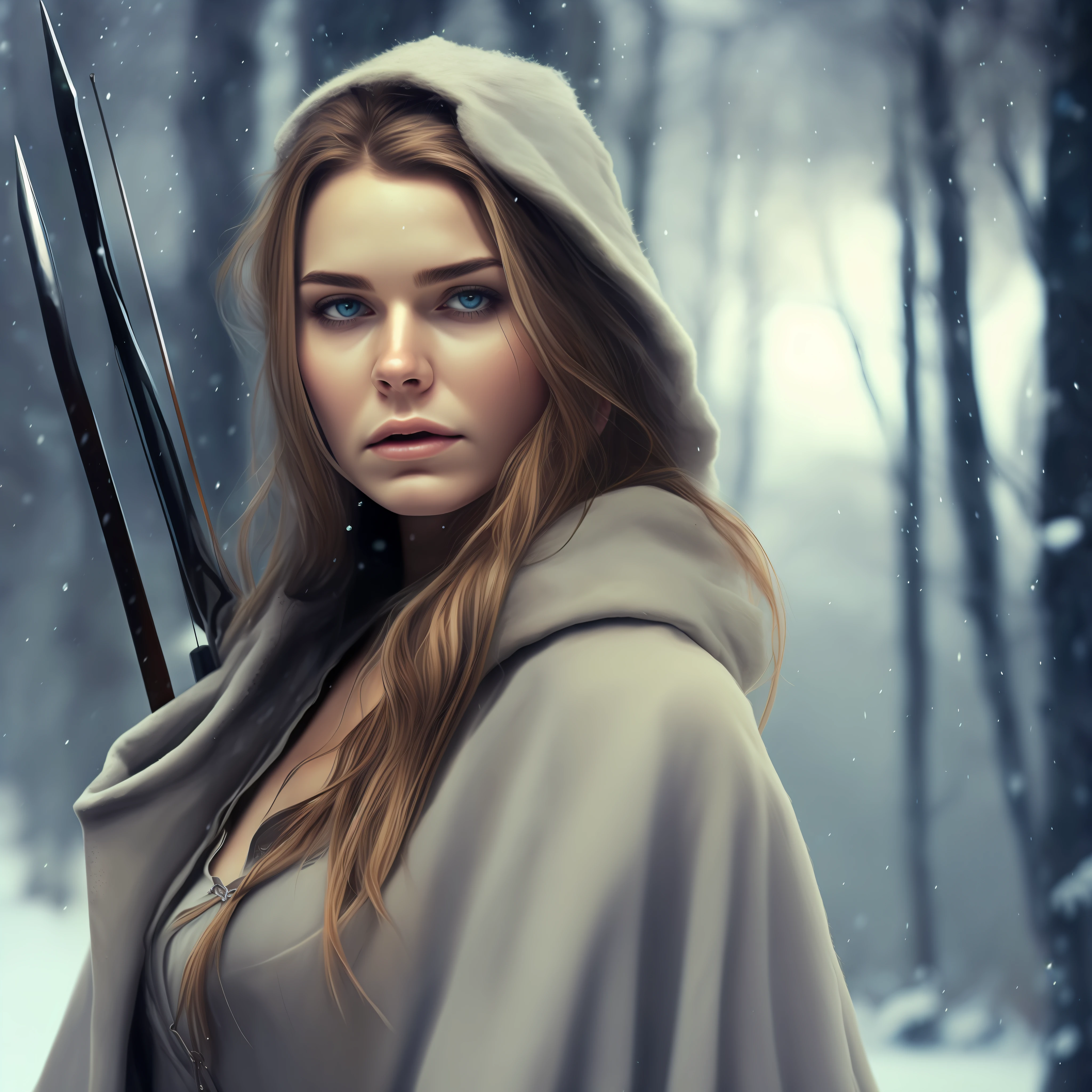 high weist image of young blonde beautiful poor girl Feyre's portrait should frame her face, allowing her captivating features to take center stage. Start with her blue eyes, the windows to her soul. while her soft, full lips convey her capacity for love and compassion. Her long blonde, (wearing a old hoodcape) snow in woods background (wide angle lens) award winning,hd ,4k, hunter girl look(arow and bow in hand) determine expression(dirty, starving,poor) (cinematic look)(Archeres), hood, female, archery, brown hair, bonito, bow, arrow, fantasy, girl, raining, snow (snow )archer, long hair, HD wallpaper