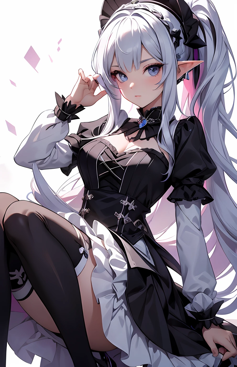 best qualityer，tmasterpiece，Ultimate resolution，downy，Extremely colorful，Colorful，Elven girl，full bodyesbian，Black and white double ponytail，ta long dress， Long legs with two white stockings，Muffin shoes，closeup of face