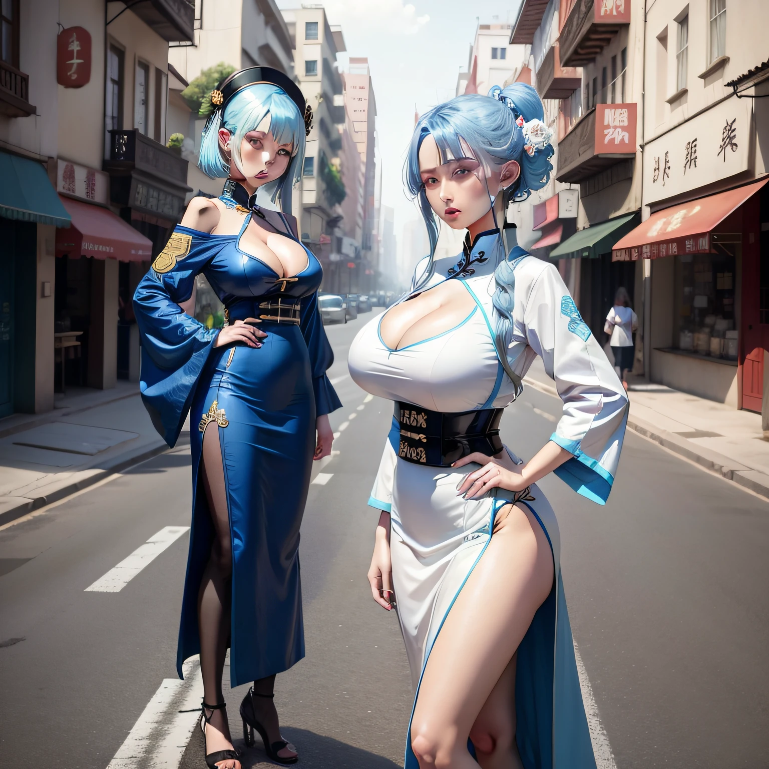 white girls,standing in road,huge tit,Chinese-style clothes,blue hair