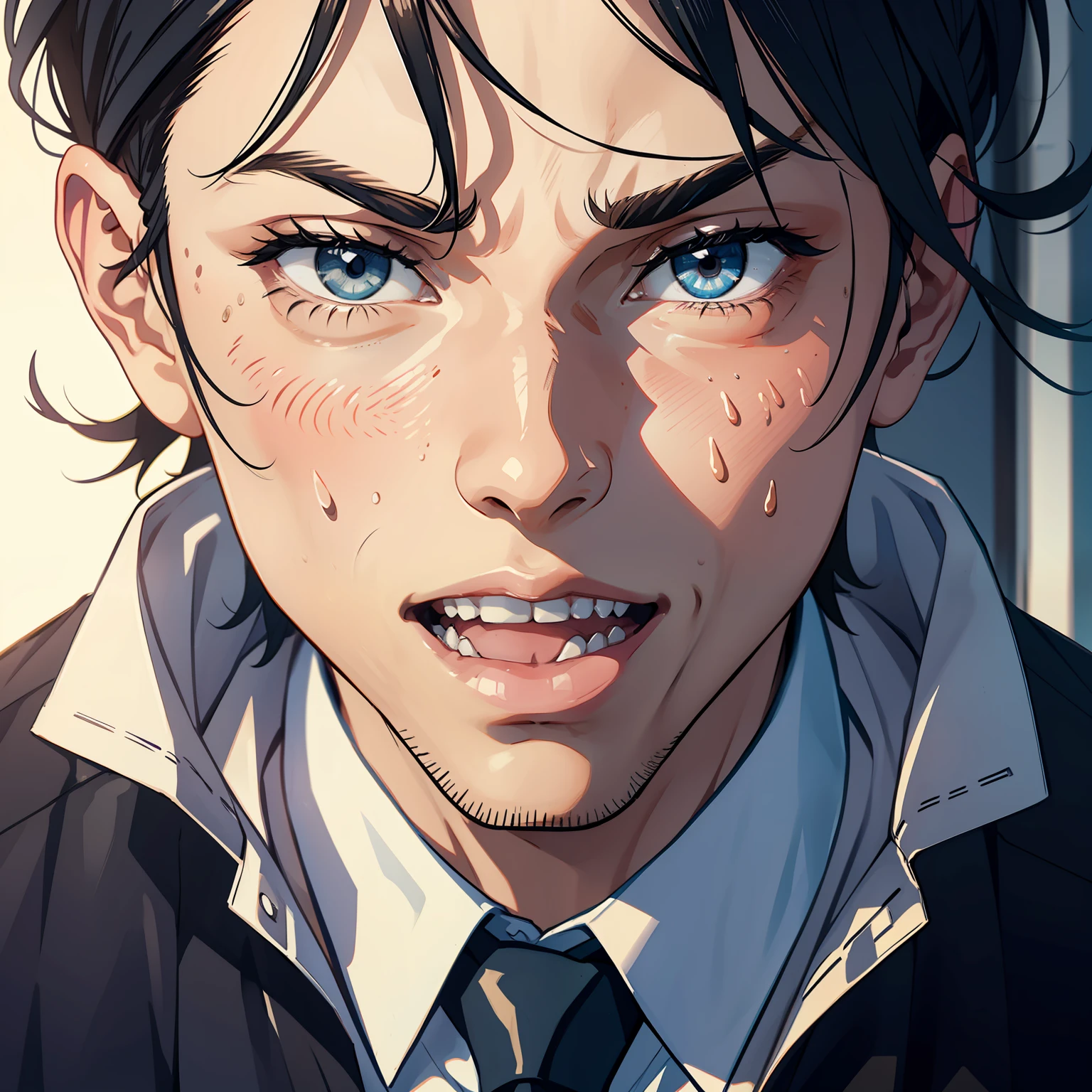 1 male，Wearing a bank uniform，Sweaty face，Long mouth，In the bank，Close-up shot