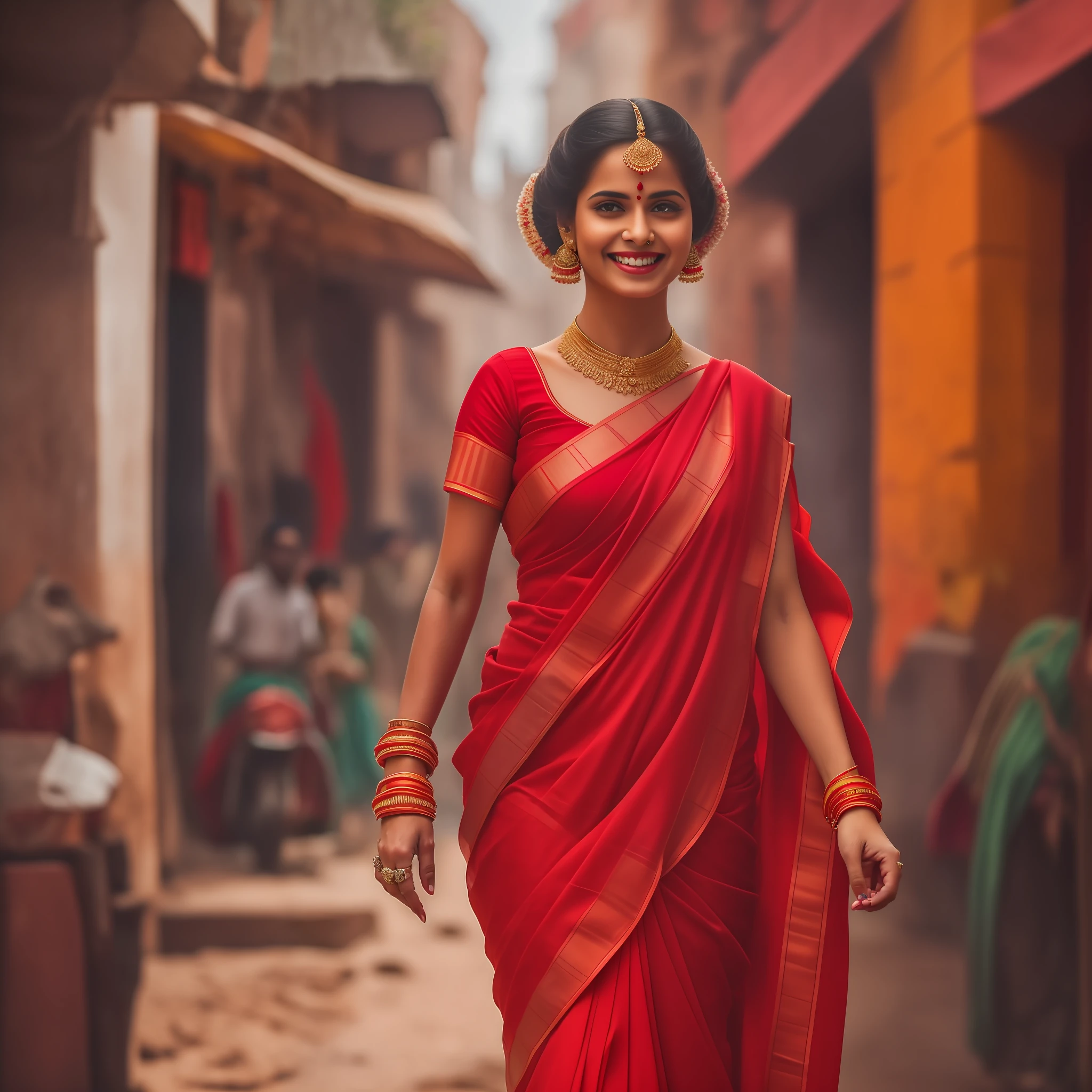 A woman is walking in the streets of India and she is wearing a red saree and she is also wearing bangles and she is also wearing Mangal Sutra and also has a smile on his face , ultra realistic face, and smooth,