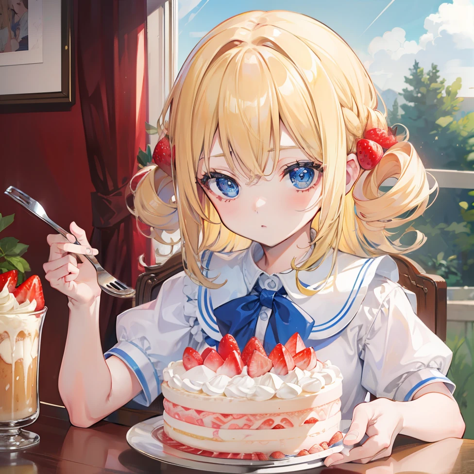 blond hairbl，curlies，blueneyes，teens girl，Eat strawberry cream cake with a fork，Sit and watch the camera