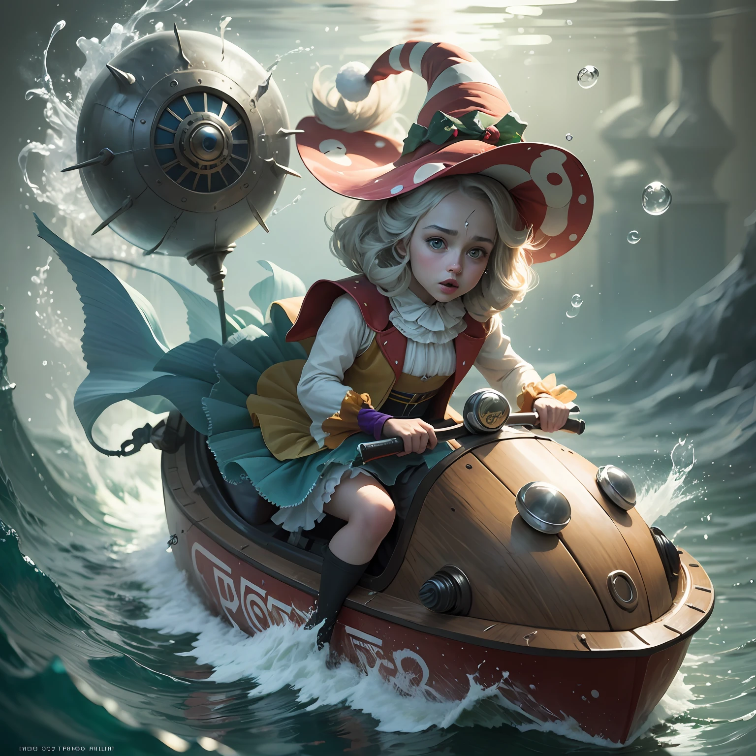 Arabian tale from the 1400s, Merry moving fish. On the head is a hat-cylinder. In a clown costume. Riding under water on a children's tricycle. Juggles with air bubbles. Full length closeup portrait in Disney Pixar style, super realistic, cinematic, lots of details, dark blur fantasy background --auto --s2