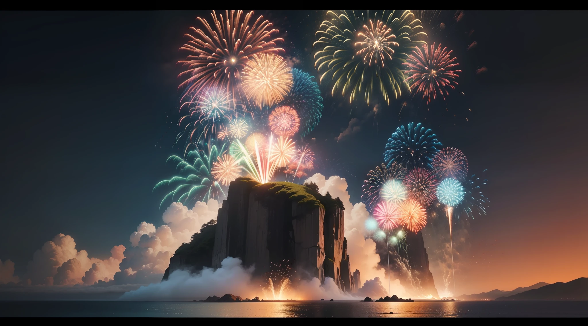 Gorgeous and flashy beautiful fireworks、Dynamic、Dynamism、Rise above Yakushima、Photorealism Based Details Widget 1.3、Ultra-detailed depiction、Cinematic shots with HDR effect、Vignette and center screen、Generate in automatic mode