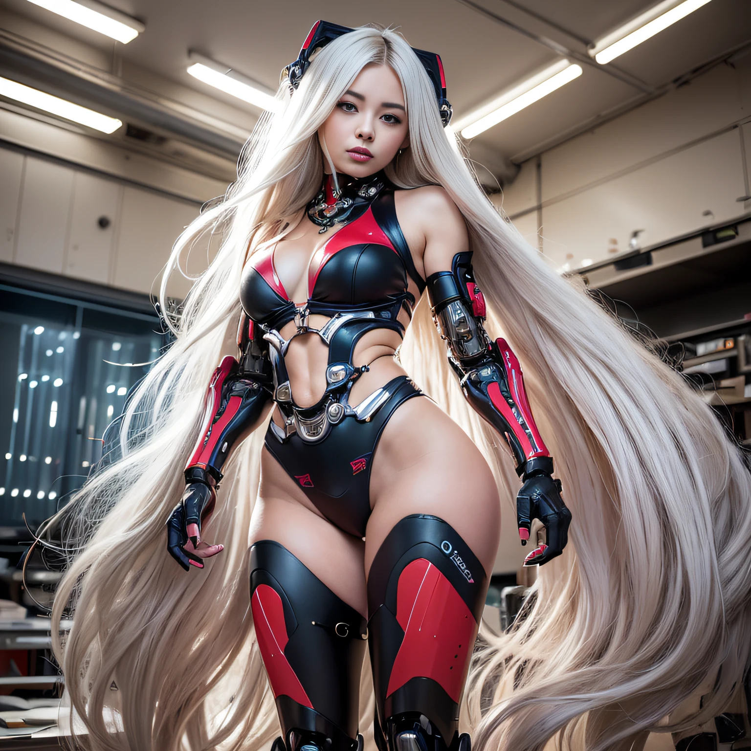 Beautiful Face,face is Japan, 1 Woman, Big, Curvaceous, (16k, RAW photo, top quality, masterpiece: 1.2), (HDR, Realistic, Photorealistic: 1.37) (tube attached to the body), (Bikini Cyborg robot parts)))), (light gray hair), Long hair, Wavy hair, Twin tails, Medium shot, ( Seductive smile)), (black eyes), double eyelids, princess cut, from below, (whole body),posing,,in the lab,( tube connected to blood vessel),((mechanical vertebrae attached to the back)),((mechanical neck attached to the neck)),(wire and cable attached to head and body),(character focus),science fiction,perfect female figure,perfect anatomy, hyperanatomy, full body shot, up to four fingers and one thumb relationship,