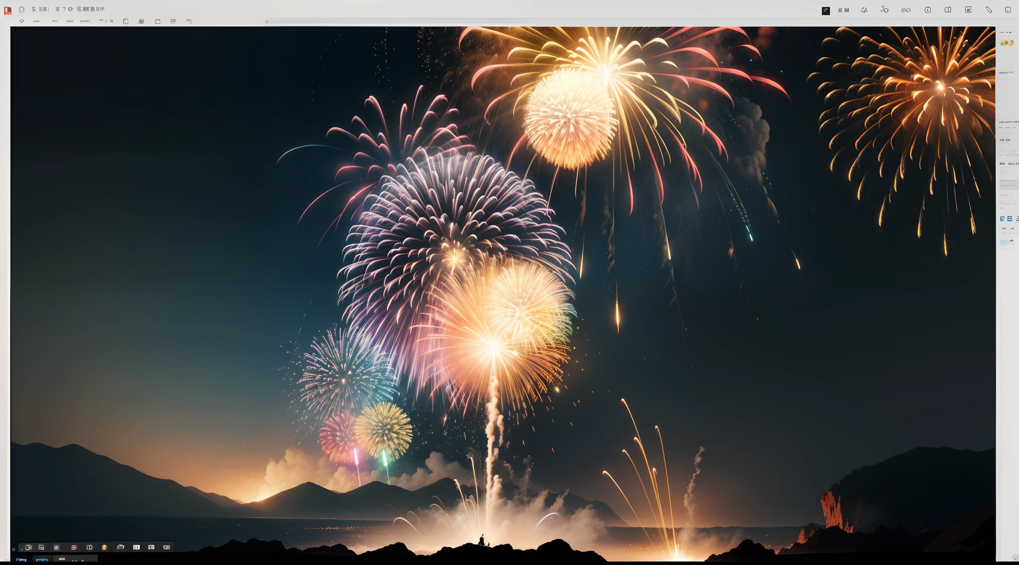 Gorgeous and flashy beautiful fireworks、Dynamic、Dynamism、Rise above Yakushima、Photorealism Based Details Widget 1.3、Ultra-detailed depiction、Cinematic shots with HDR effect、Vignette and center screen、Generate in automatic mode