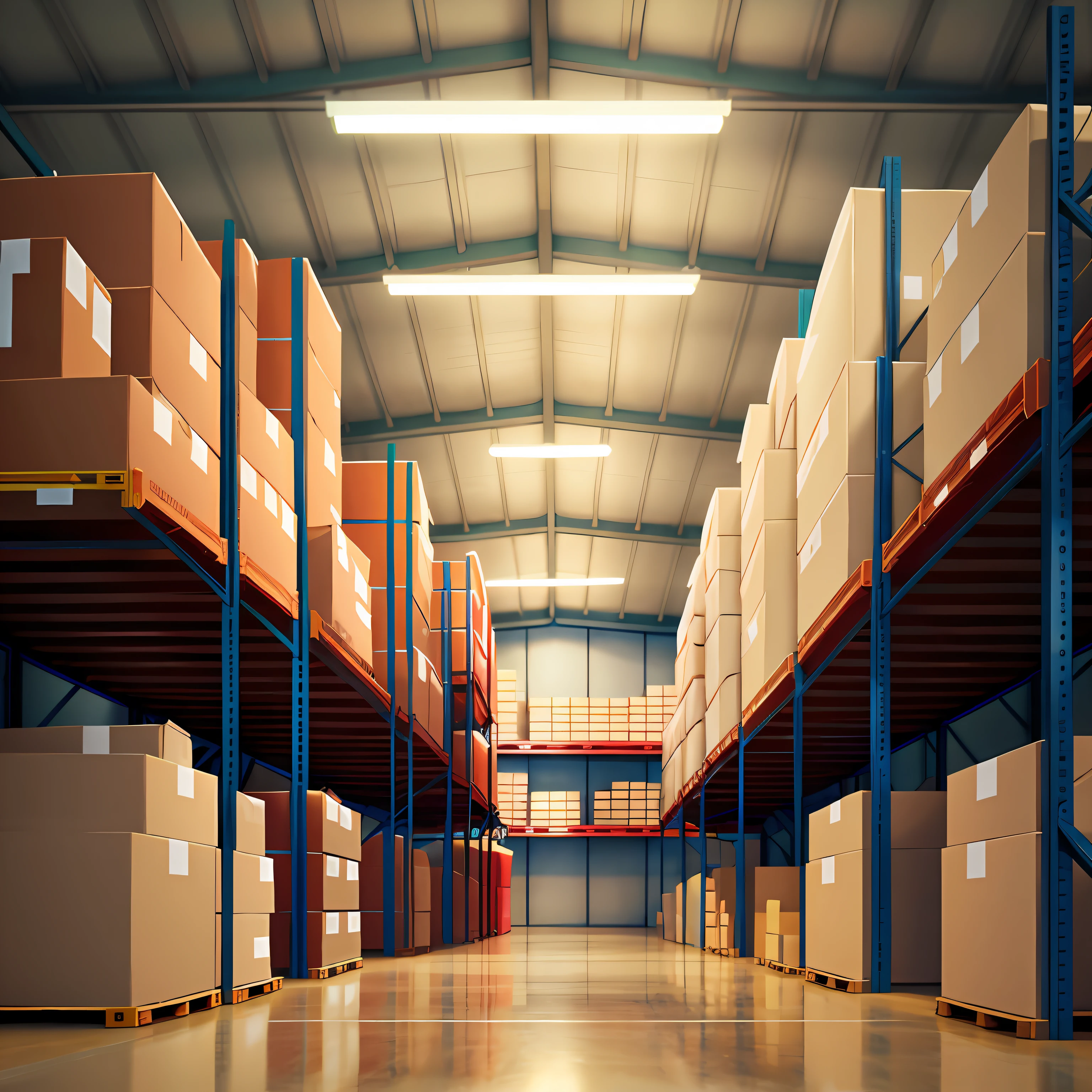 （digitial painting），（best qualtiy）Warehouse shelves in the right foreground,Small quantities of goods， Interior lighting, peacefulatmosphere, Transverse