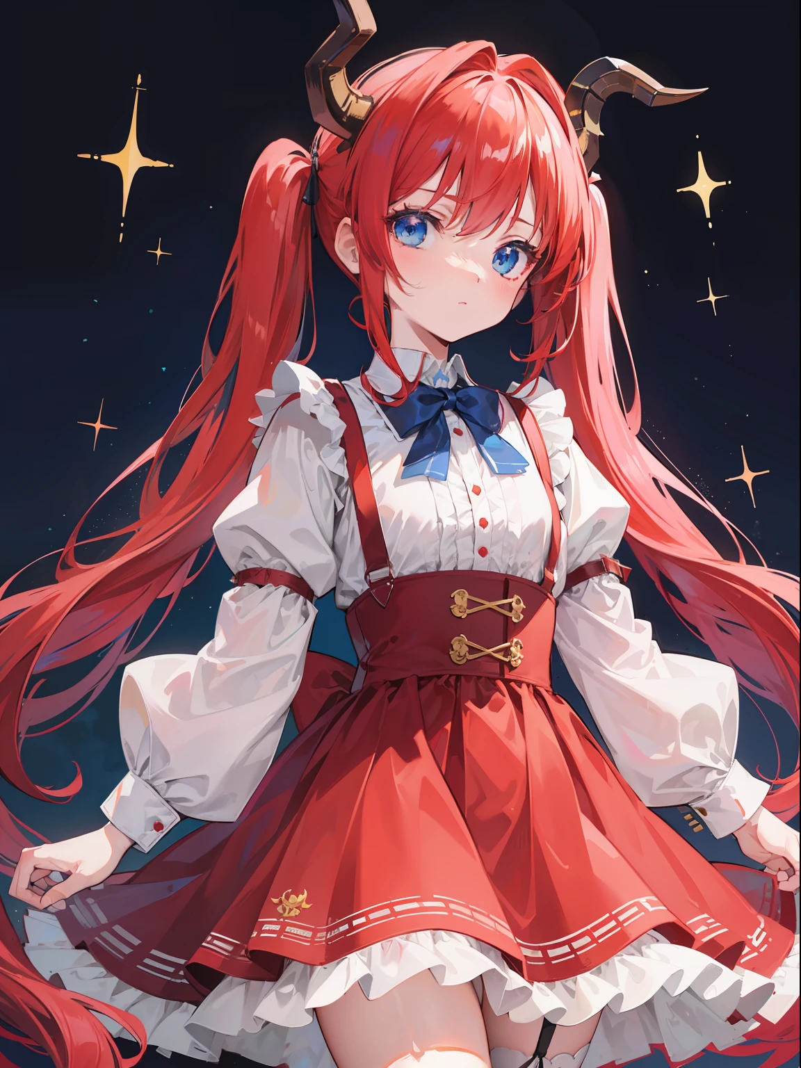 {{best quality}}, {{masterpiece}}, {{ultra-detailed}}, {illustration}, {detailed light}, red hair,blue eyes,twintails,lolita,Suspenders skirt,Fantastic,loli,solo,Dragon horns, girl,long hair