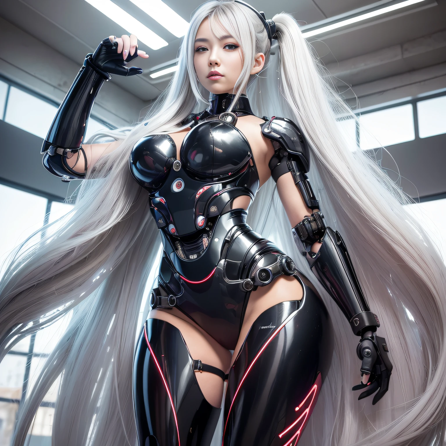 Beautiful Face,face is Japan, 1 Woman, Big, Curvaceous, (16k, RAW photo, top quality, masterpiece: 1.2), (HDR, Realistic, Photorealistic: 1.37) (tube attached to the body), (Bikini Cyborg robot parts)))), (light gray hair), Long hair, Wavy hair, Twin tails, Medium shot, ( Seductive smile)), (black eyes), double eyelids, princess cut, from below, (whole body),posing,,in the lab,( tube connected to blood vessel),((mechanical vertebrae attached to the back)),((mechanical neck attached to the neck)),(wire and cable attached to head and body),(character focus),science fiction,perfect female figure,perfect anatomy, hyperanatomy, full body shot, up to four fingers and one thumb relationship,