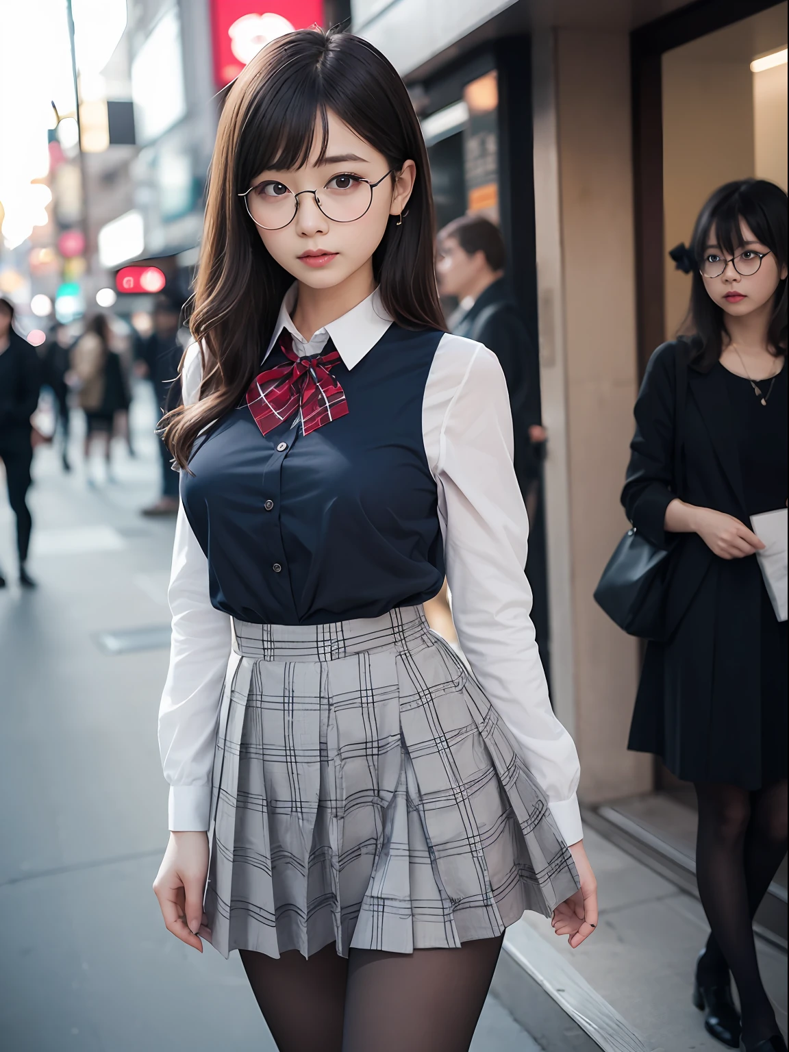 （8K、Raw photography、top-quality、​masterpiece：1.2),Black pantyhose,absurderes,a small face,small tits,flat breast,Parting the bangs from the middle、Forehead visible,(Tight eyes,Bullish,skinny,Rasping,irate)、​masterpiece,top-quality、超A high resolution,Raw photo,ren,Beautiful fece,One Person, 独奏,eye glass,,Dark look,Small breasts,fullllbody,Round glasses、cute little、A Japanese Lady,is standing,(Tight eyes,Bullish,skinny,Rasping,irate,small tits,flat breast)、（Photorealsitic：1.37）、Photon mapping,Light blue ribbon,Realistic、Cute little face,Brown-eyed、Black socks、(Red bow tie)、Radio City、Physically Based Rendering、Foreground、depth of fields、Blurry background、a picture,The girls、Body, Long legs, Thin leg,poneyTail,(Bangs are visible), hair, s lips, Blue_The eye, nosesoft,White shirt, Navy blue and white plaid pleated skirt, Knees are visible,Sheer clothing,, Thigh, Black cotton socks,Nogizaka Idol, 女優, Japanese ido