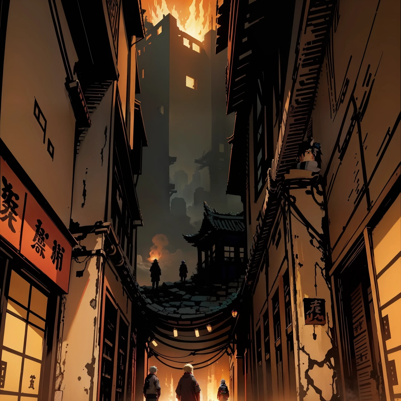 2d anime）（Focus on the background）Naruto who looks like Sasuke，Boy standing in the background of a burned ancient Chinese building，There is also a novel wallpaper on the cover
