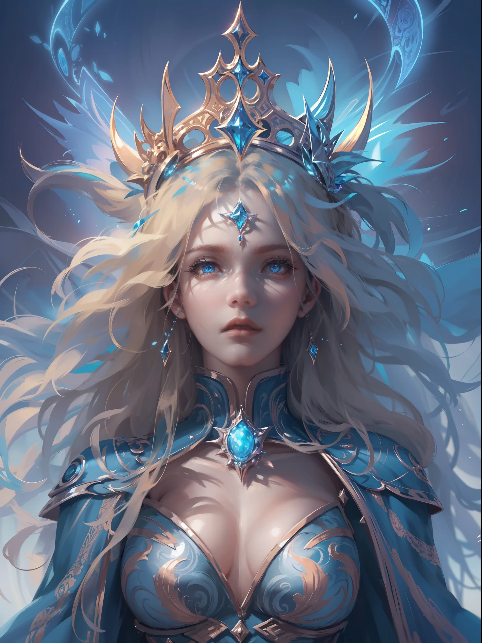 high details, best quality, 8k, [ultra detailed], masterpiece, best quality, (extremely detailed), dynamic angle, ultra wide shot, photorealistic, fantasy art, dnd art, rpg art, realistic art, an ultra wide picture of a female human (1.5 intricate details, Masterpiece, best quality) godess of light ((blue radiant aura)), controlling a swirling blue radiant magic (1.5 intricate details, Masterpiece, best quality), manipulating purple radiant magical symbols, divine symbols (1.5 intricate details, Masterpiece, best quality), human female, blond  hair, long hair with aura, hair with blue radiant eyes, intense eyes, ((radiant eyes)), (( blue glowing eyes)), dynamic clothing, fantasy sky, clouds, celestial  background, ((divine worship atmosphere)), high details, best quality, highres, ultra wide angle