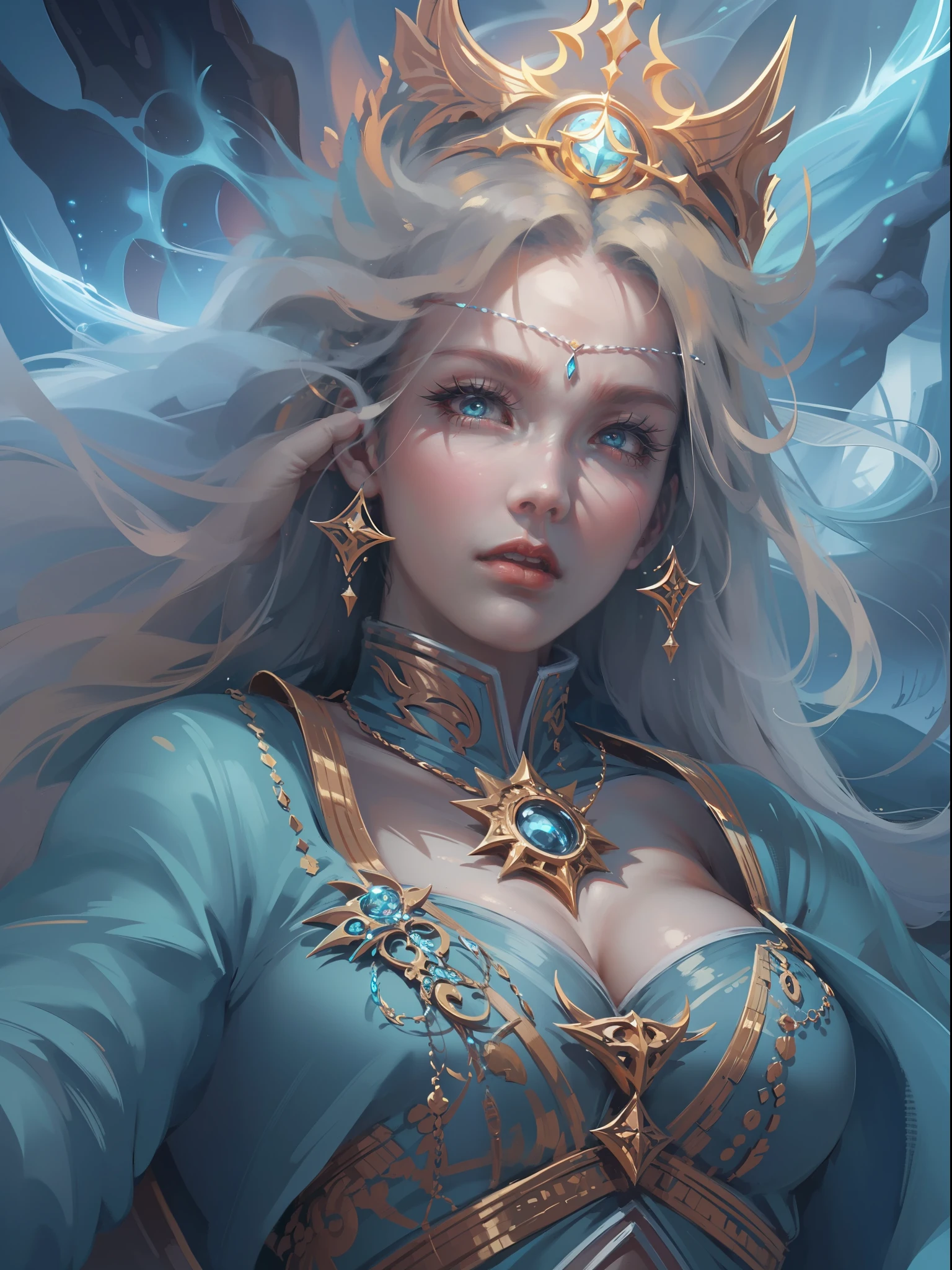 high details, best quality, 8k, [ultra detailed], masterpiece, best quality, (extremely detailed), dynamic angle, ultra wide shot, photorealistic, fantasy art, dnd art, rpg art, realistic art, an ultra wide picture of a female human (1.5 intricate details, Masterpiece, best quality) godess of light ((blue radiant aura)), controlling a swirling blue radiant magic (1.5 intricate details, Masterpiece, best quality), manipulating purple radiant magical symbols, divine symbols (1.5 intricate details, Masterpiece, best quality), human female, blond  hair, long hair with aura, hair with blue radiant eyes, intense eyes, ((radiant eyes)), (( blue glowing eyes)), dynamic clothing, fantasy sky, clouds, celestial  background, ((divine worship atmosphere)), high details, best quality, highres, ultra wide angle