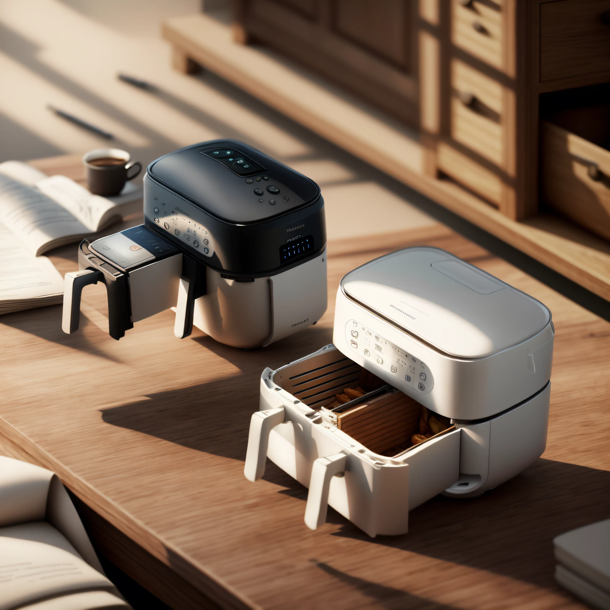 Air fryer placed on the table,Interior design of modern style, Realistic, Photorealistic, 8K, strong light on meeting table,Chiaroscuro, hyper HD, Best picture quality ,realisticlying,Foto realism,cupboard,Lens perspective blur,Bright lights,Realistic lighting