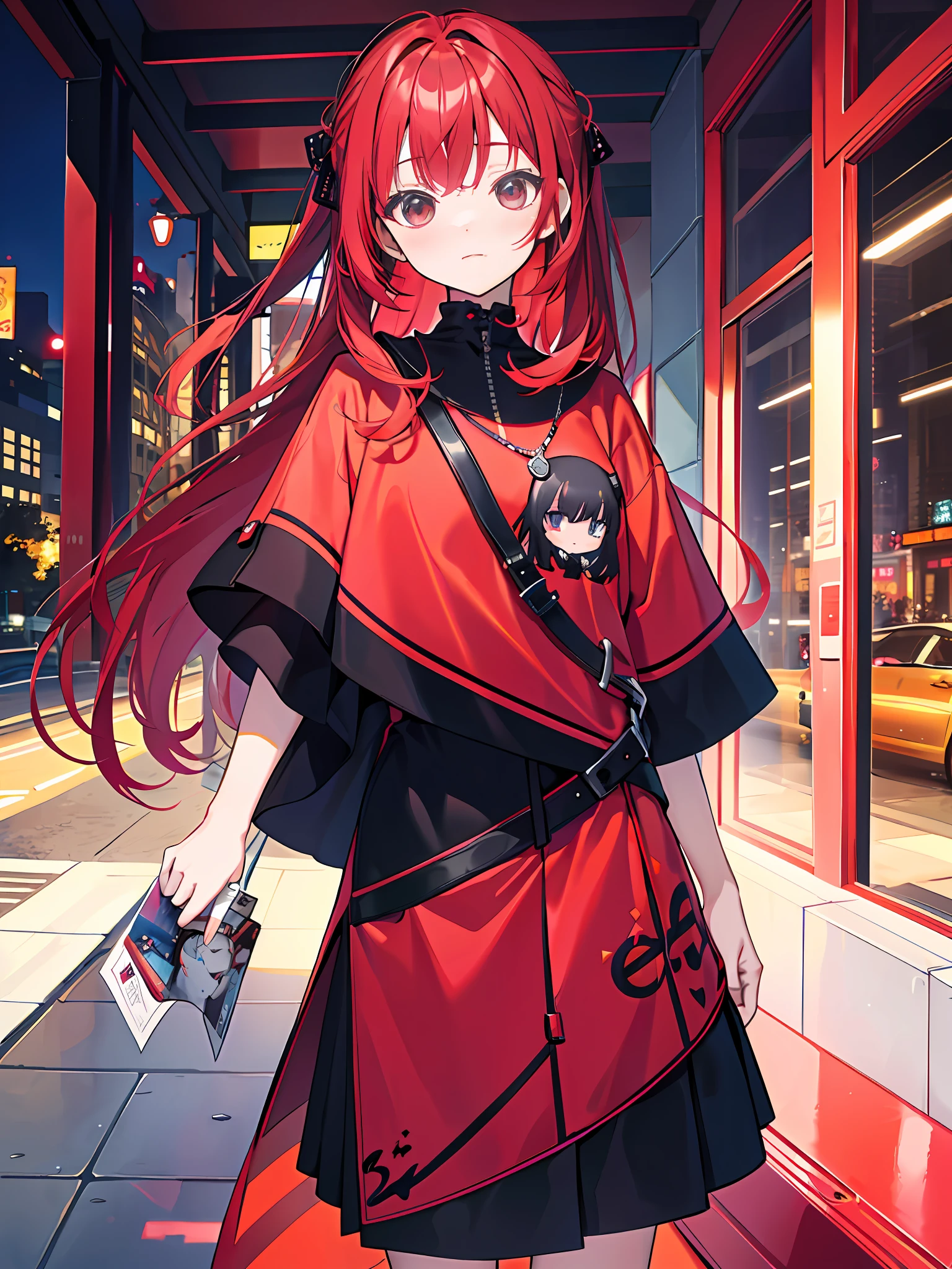 Anime girl in red dress standing on the sidewalk of the city at night, anime style 4 k, from arknights, Anime style. 8K, high detailed official artwork, Anime visuals of cute girls, Trending on ArtStation pixiv, Cute anime waifu in a nice dress, anime moe art style, from girls frontline, Anime art wallpaper 8k, digital anime illustration