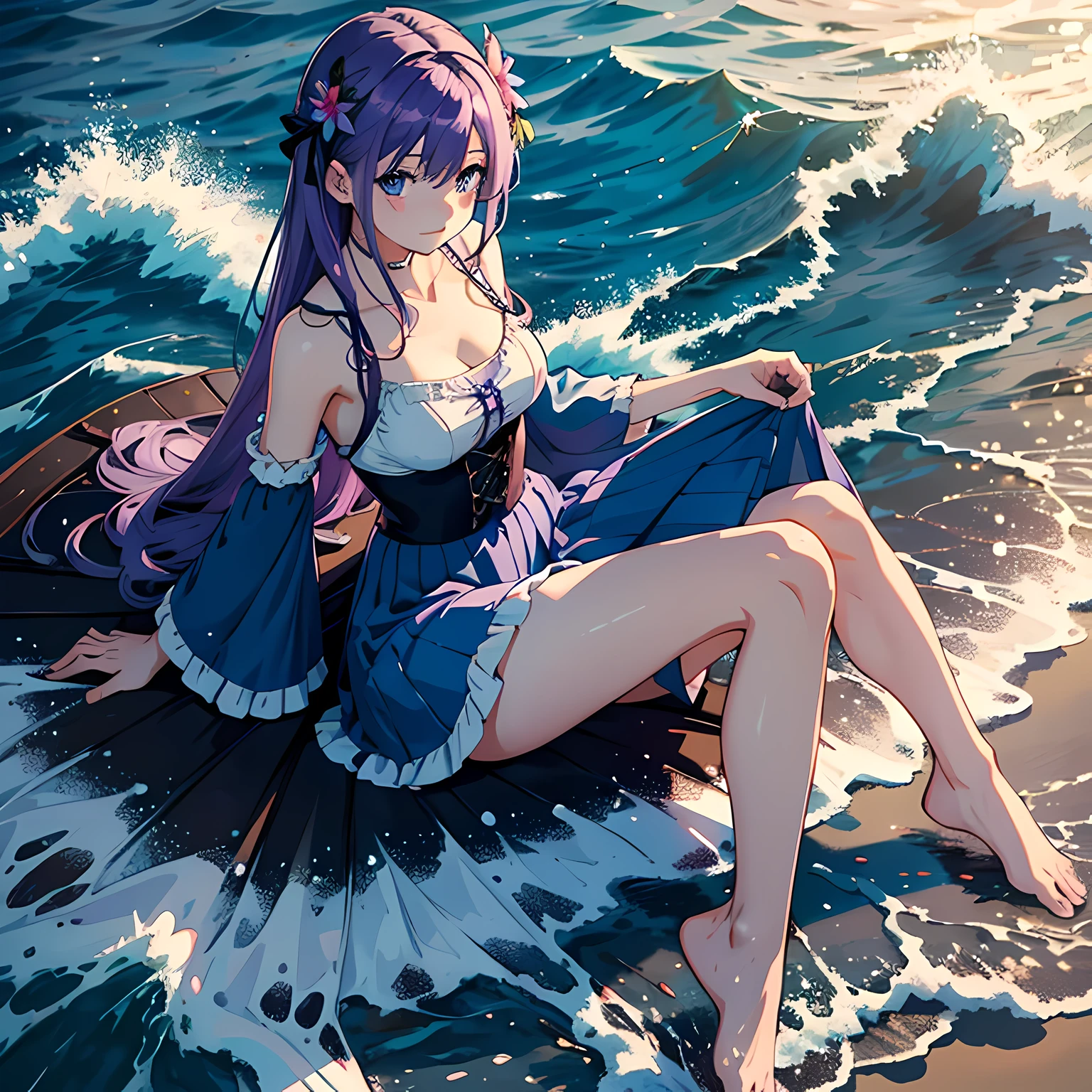 best quality, masterpiece, 1girl, highres, artbook, sea, in spring, in the ocean, dusk, seaside, adorable girl, female, purple hair, blue eyes, medium breasts, Long skirt, bare legs, flower ribbon, smirk
