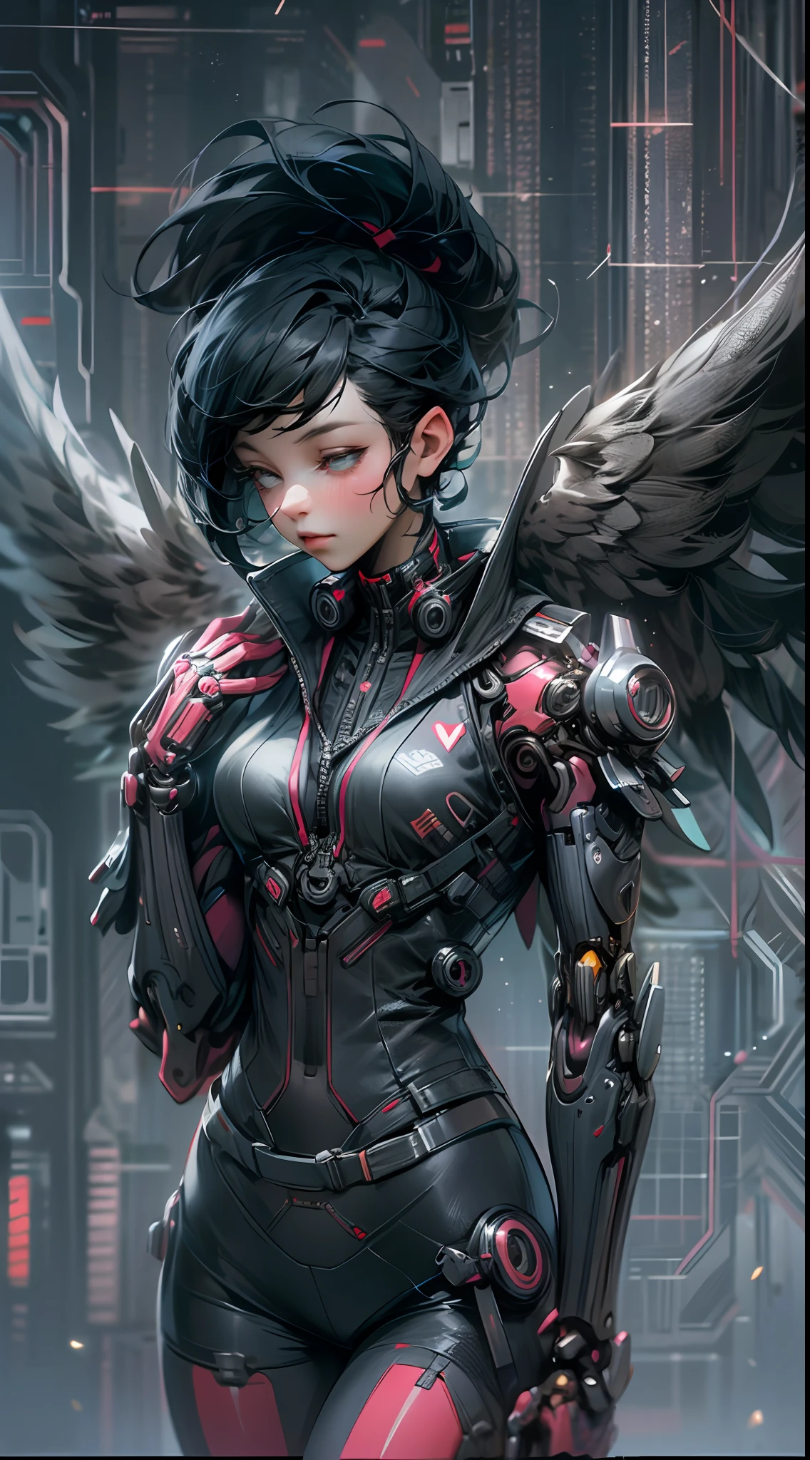 cyber punk perssonage，（A woman），Vest line，with short black hair，Mechanical heart，Mechanical wings，Technological buildings in the distance，tmasterpiece，A high resolution，8K