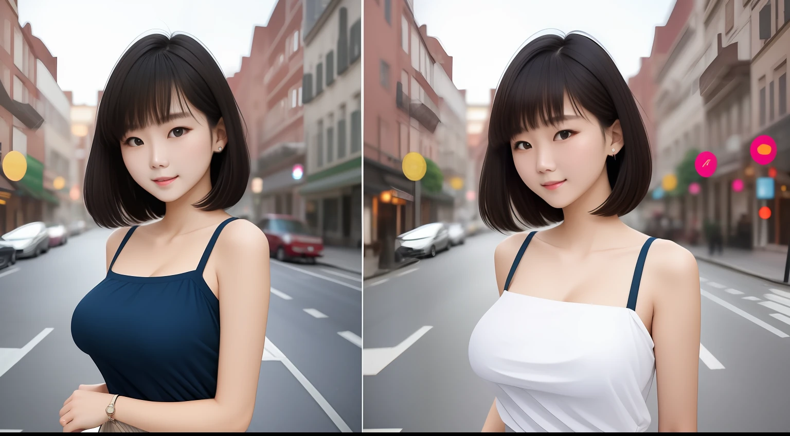 pureerosface、Best Quality、Photorealsitic、hight resolution、fulcolor、1womanl、20yr old、Mouth that is closed、short-length hair、A dark-haired、top-quality、In the street、parted hair、large full breasts、Visible breasts、Whole body、shortpants、