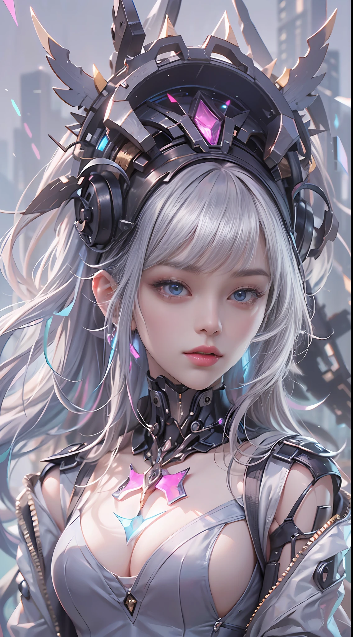 (8K、RAW photography、top-quality:1.4、A high resolution:1.4、tmasterpiece:1.4)、(hyper realisitc:1.4)、1girll、hentail realism、The ultra-detailliert,closeup cleavage、Floating hair、Soft light、full bodyesbian、85mmレンズ、f/1.4、profesional lighting、Luminous Particle:0.8、Transparency、one-girl、Curly high ponytail girl,Gray hair,cyber punk style,afofuturism,holographic projections,neonlight,Mechanical heart,Mechanical wings,Technological buildings in the distance,tmasterpiece,A high resolution,8K,Very graphic impact,The brush is clear,Full of detail,Vivid eyes,Delicate face