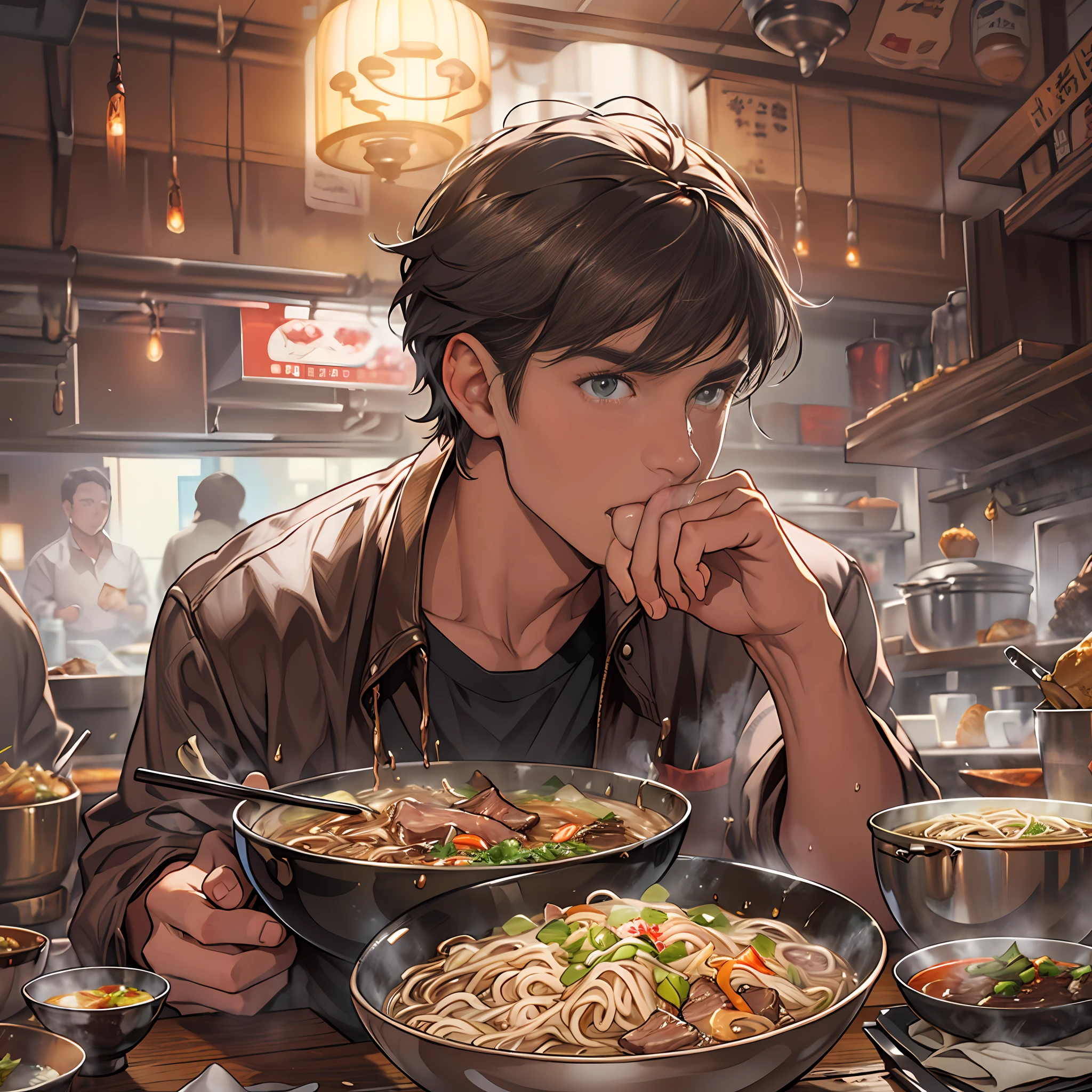 A young man looking at a bowl of beef noodles in front of him, with anticipation in his eyes, the bowl filled with rich beef aroma, tempting and mouth-watering, 32k best quality, super detail, as if you can smell the beef.