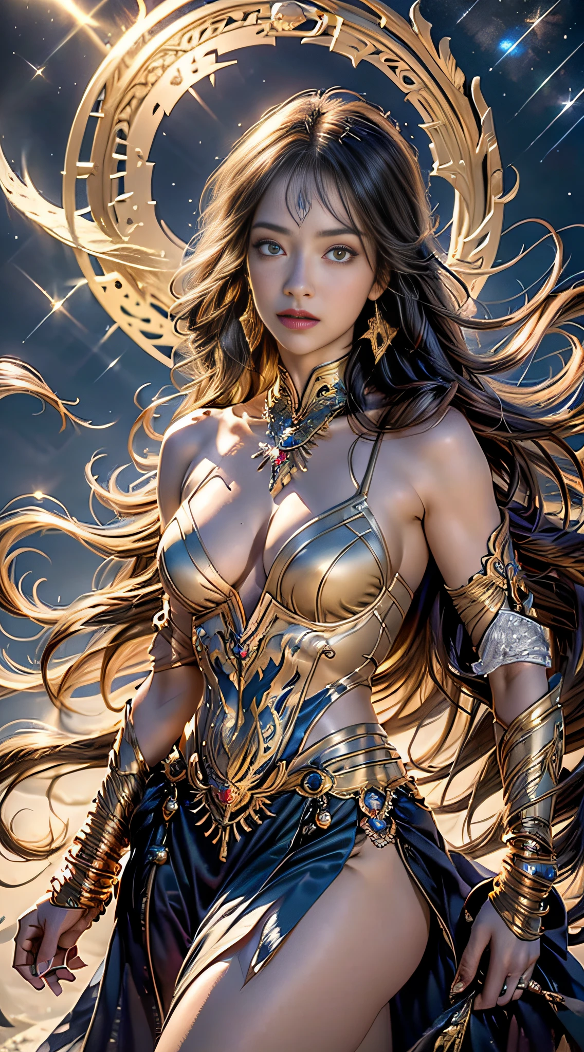 (RAW photo, best quality), (realistic, photo-realistic:1.3),best quality,highly detailed,masterpiece,ultra-detailed,illustration,1girl,upper_body,dynamic angle,world masterpiece theater,messy_long_hair,best quality,extremely detailed CG unity 8k wallpaper,ink,Amazing,cinematic lighting,lens_flare, dunhuang_style