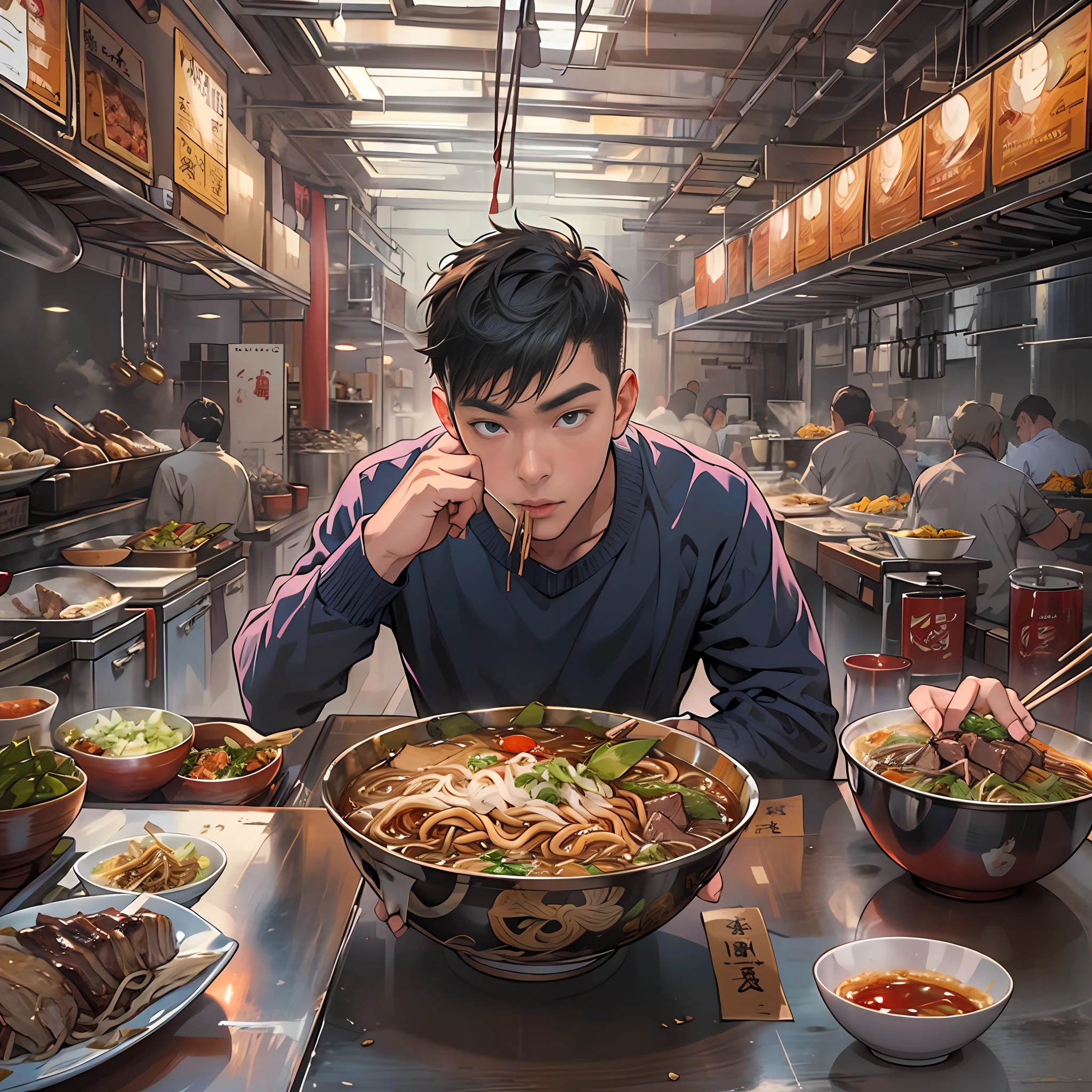 A young man looking at a bowl of beef noodles in front of him, with anticipation in his eyes, the bowl filled with rich beef aroma, tempting and mouth-watering, 32k best quality, super detail, as if you can smell the beef.
