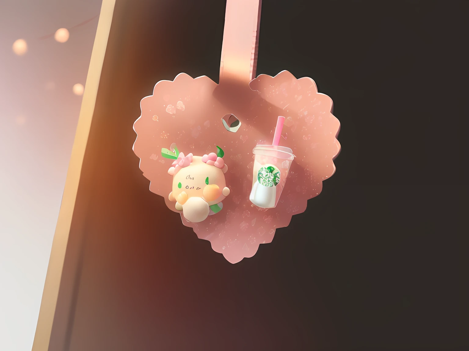 There was a scent of cupcakes at the door,Drinks and strawberries on top, Starbucks, Cute:2, sanrio ornaments, drinking a strawberry iced latte, pink frosted donut, pastel cute slime, resin and clay art, flatlay, Pink pastels, Slice of life, y 2 k, Y2K, pink iconic character, Rose gold hearts hanging in the wardrobe are ultra-real