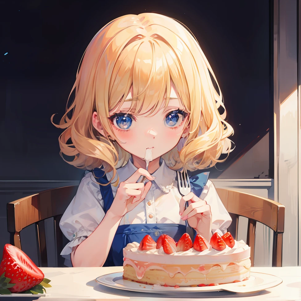blond hairbl，curlies，blueneyes，s girl，Eat strawberry cream cake with a fork，The corners of your mouth are covered with cream，look at a camera