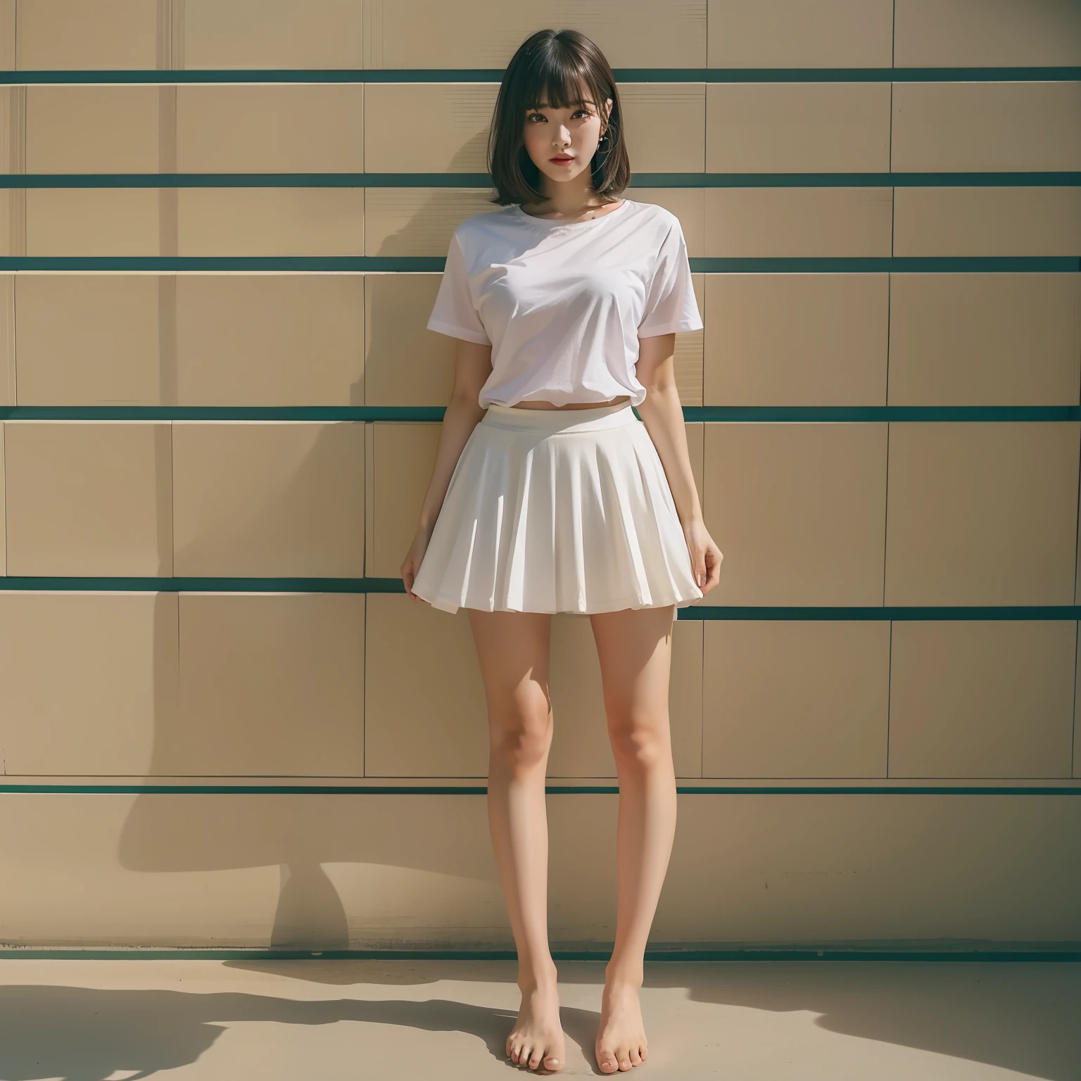 A woman in a short T-shirt skirt，Height 1.8 meters，Tall，Heavy bangs，Barefoot，Eye makeup，perfect bodies，Amazing