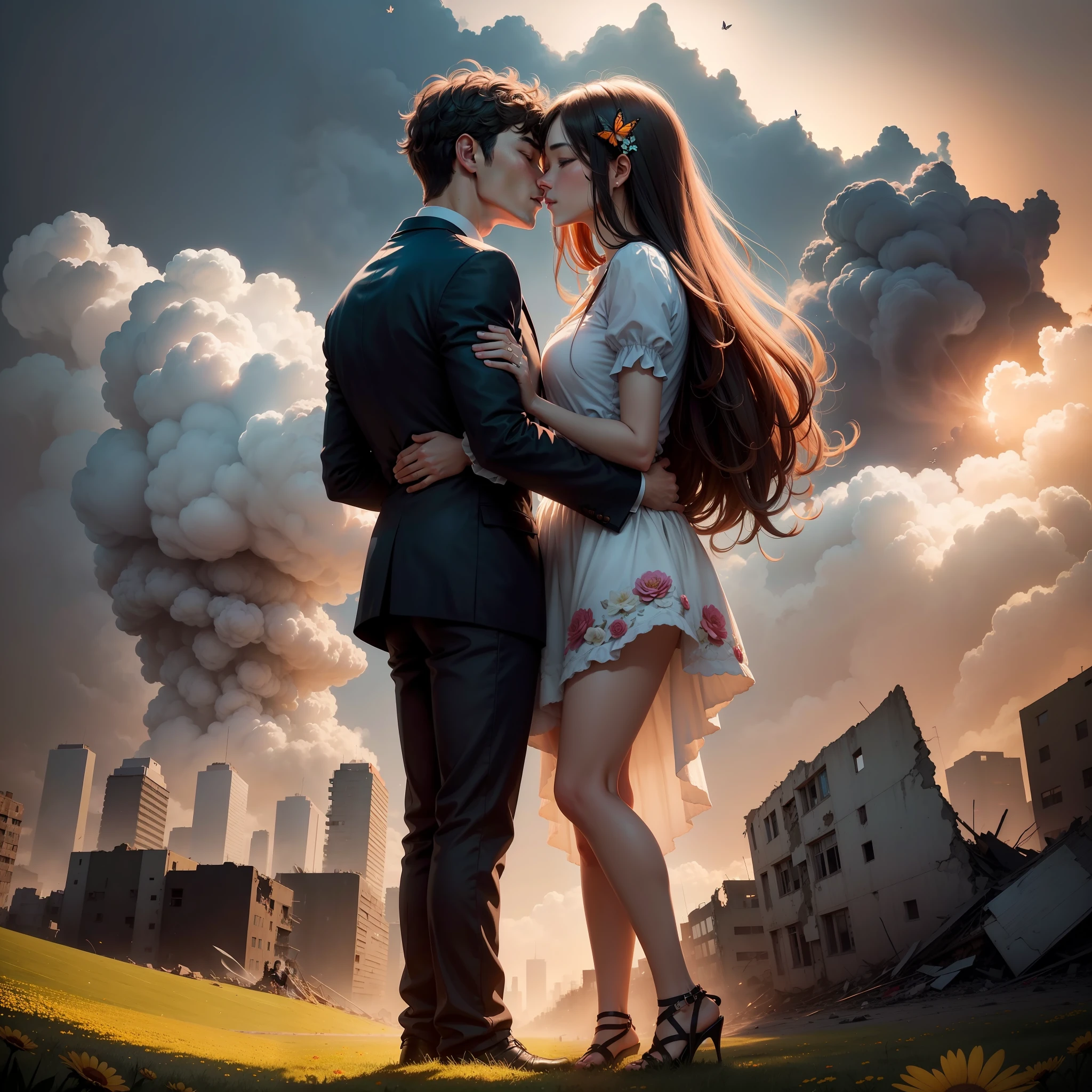 Two people in the distance in the center of the image holding each other and kissing and standing on top of a grassy hill filled with colourful flowers. The background is a destroyed city with many tall collapsed buildings with looming debris, fire and smoke. There are many butterflies hovering and swirling around. The image should be colourful and it’s an award witnning photograph which has symmetry. The image should depict love at the end of the world. Many flowers are hovering in the air. It’s the last kiss before the end of the world.