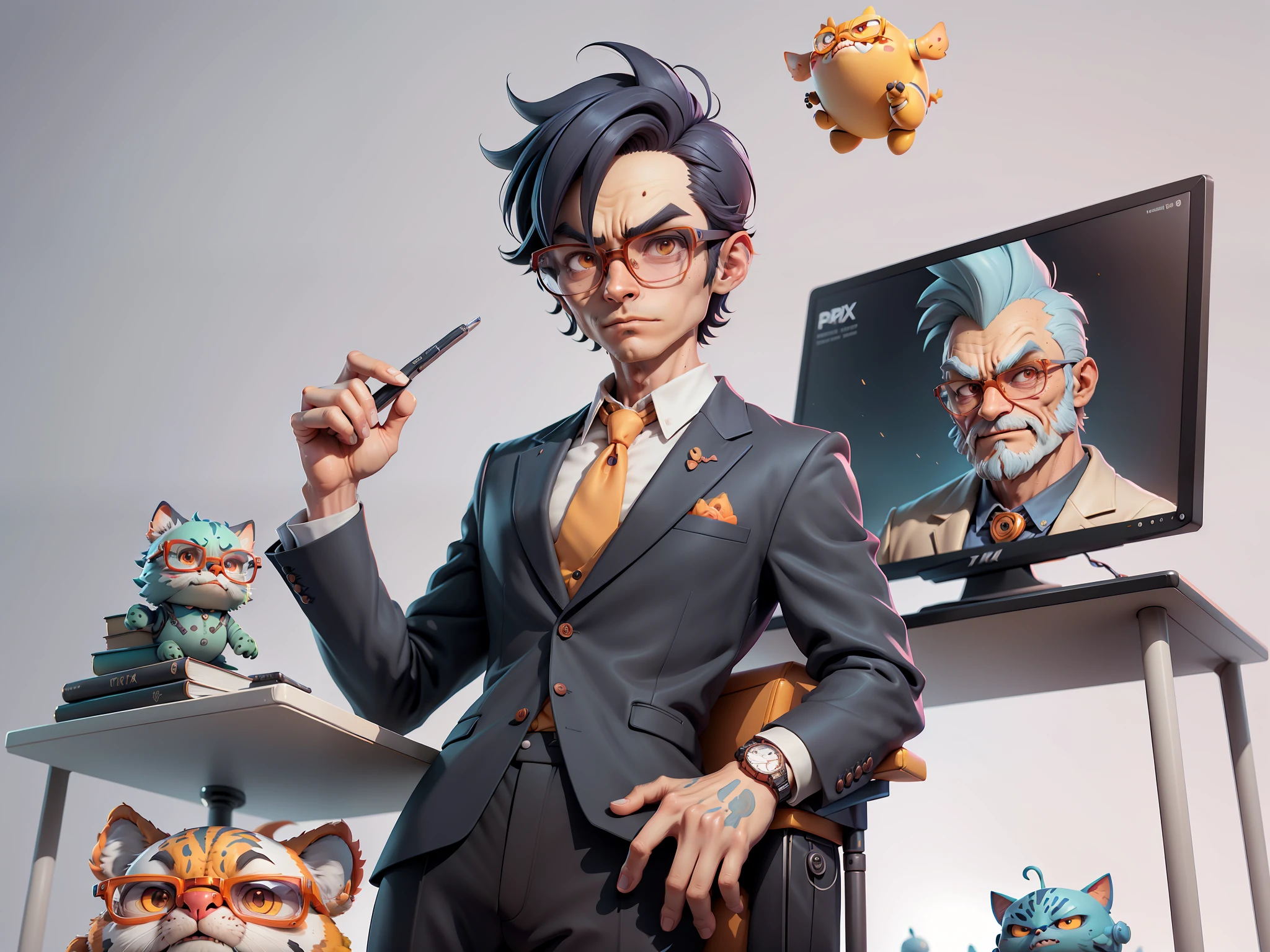 A young man in a suit and pants, Short hair and glasses sat at his desk，holding laptop，digitial painting，tigre，3D character design by Mark Clairen and Pixar and Hayao Miyazaki and Akira Toriyama，4K HD illustration，Very detailed facial features and cartoon-style visuals。
