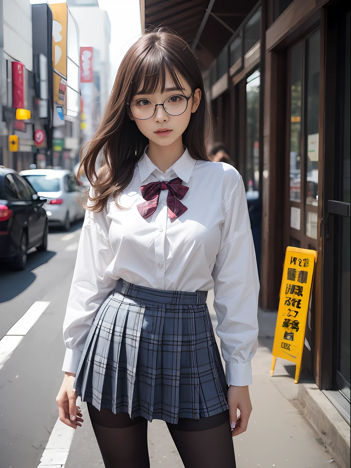 (8K、Raw photography、top-quality、masterpiece:1.2),Black pantyhose,absurderes,a small face,small tits,flat breast,Parting the bangs from the middle、Forehead visible,(Tight eyes,Bullish,skinny,Rasping,irate)、masterpiece,top-quality、超A high resolution,Raw photo,ren,Beautiful fece,One Person, 独奏,eye glass,,Dark look,Small breasts,fullllbody,Round glasses、cute little、A Japanese Lady,is standing,(Tight eyes,Bullish,skinny,Rasping,irate,small tits,flat breast)、(Photorealsitic:1.37)、Photon mapping,Light blue ribbon,Realistic、Cute little face,Brown-eyed、Black socks、(Red bow tie)、Radio City、Physically Based Rendering、Foreground、depth of fields、Blurry background、a picture,The girls、Body, Long legs, Thin leg,poneyTail,(Bangs are visible), hair, s lips, Blue_The eye, nosesoft,White shirt, Navy blue and white plaid pleated skirt, Knees are visible,Sheer clothing,, Thigh, Black cotton socks,Nogizaka Idol, 女優, Japanese ido