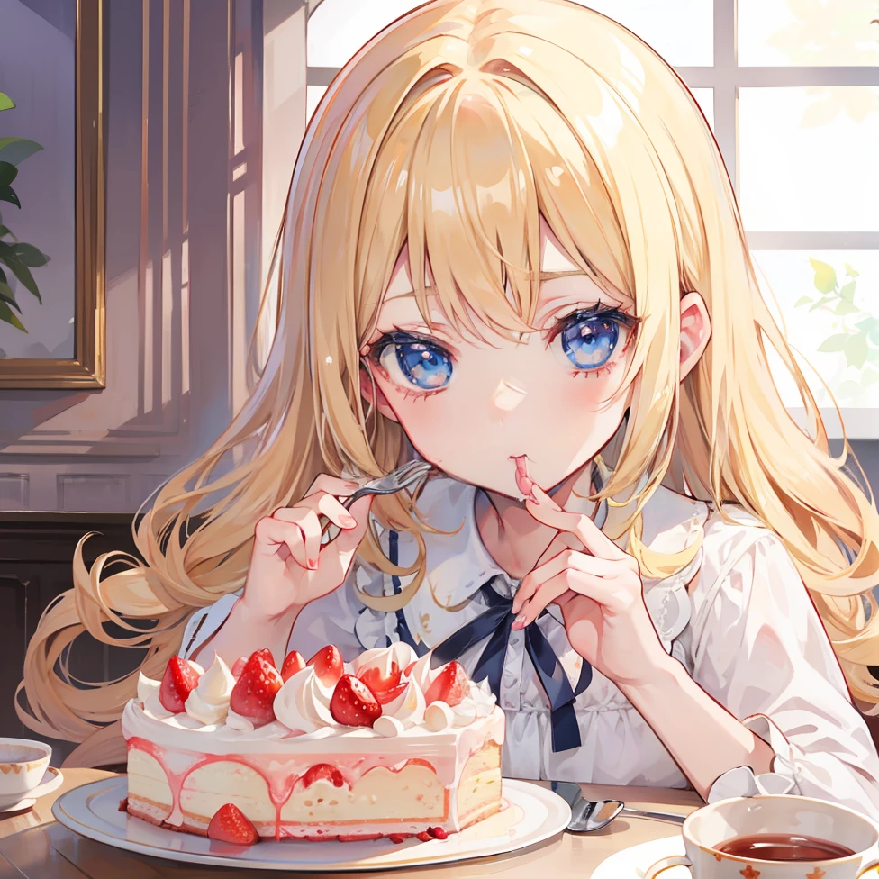 blond hairbl，curlies，blueneyes，teens girl，Eat strawberry cream cake with a fork，The corners of your mouth are covered with cream，look at a camera