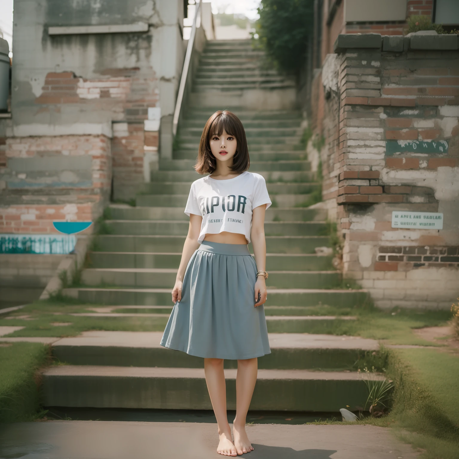 A woman in a short T-shirt skirt,Height 1.8 meters,Tall,Heavy bangs,Barefoot,Eye makeup,perfect bodies,Amazing